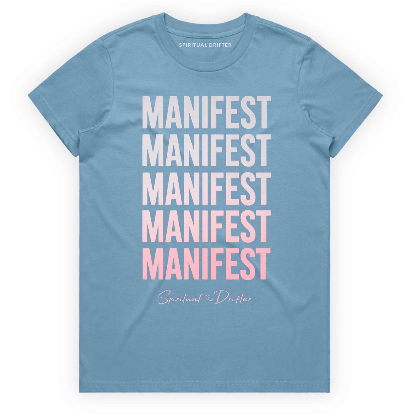 light blue Spiritual Drifter ‘Manifest Manifest Manifest’ graphic cotton t-shirt. Elevated spiritual apparel inspired by awakening, meditation, mindfulness, yoga, law of attraction and conscious living. Inspired by Abraham Hicks and the Law of Attraction. 