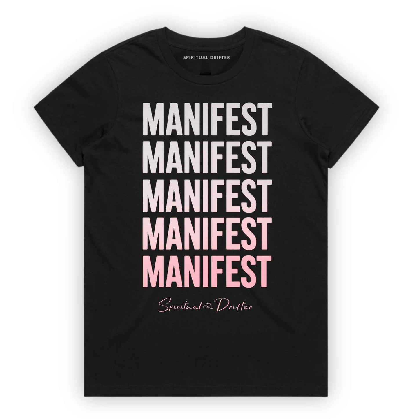 Black Spiritual Drifter ‘Manifest Manifest Manifest’ graphic cotton t-shirt. Elevated spiritual apparel inspired by awakening, meditation, mindfulness, yoga, law of attraction and conscious living. Inspired by Abraham Hicks and the Law of Attraction. 