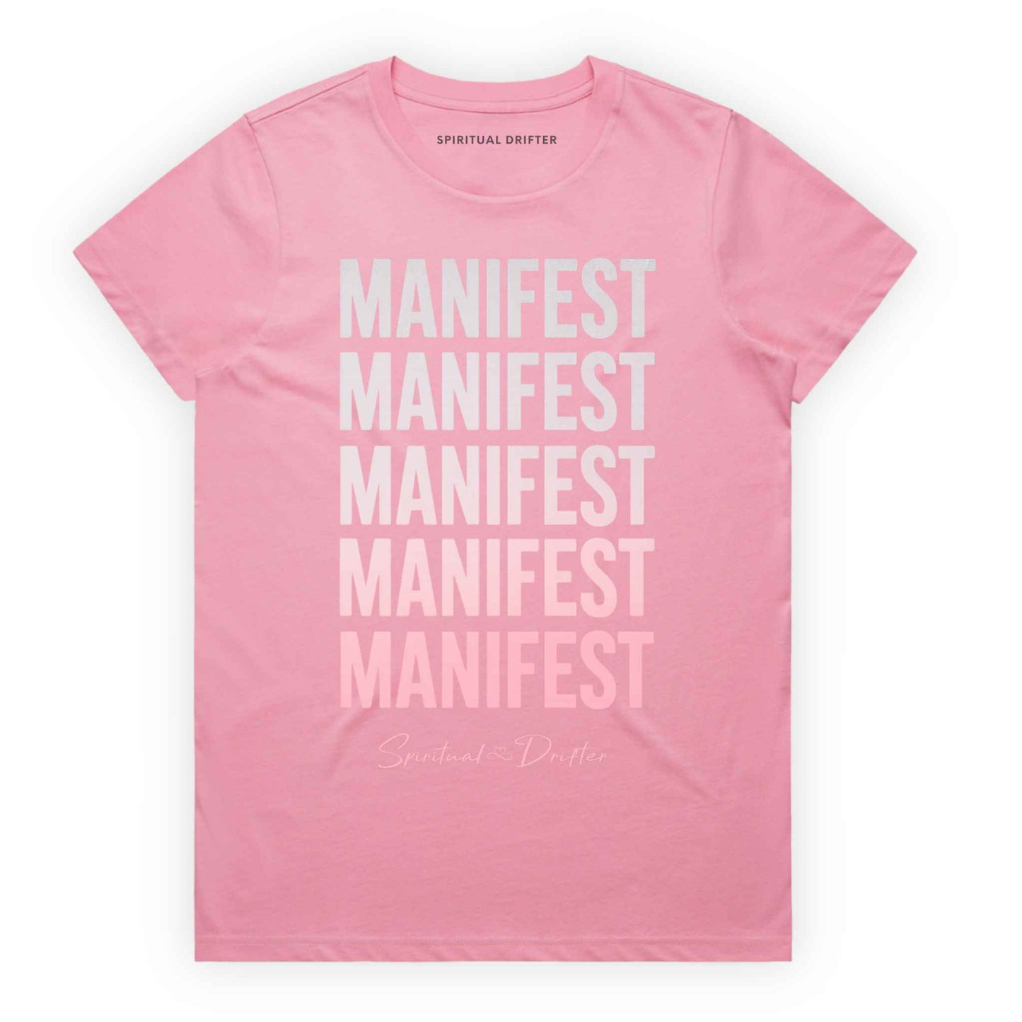 Bubblegum Pink Spiritual Drifter ‘Manifest Manifest Manifest’ graphic cotton t-shirt. Elevated spiritual apparel inspired by awakening, meditation, mindfulness, yoga, law of attraction and conscious living. Inspired by Abraham Hicks and the Law of Attraction. 