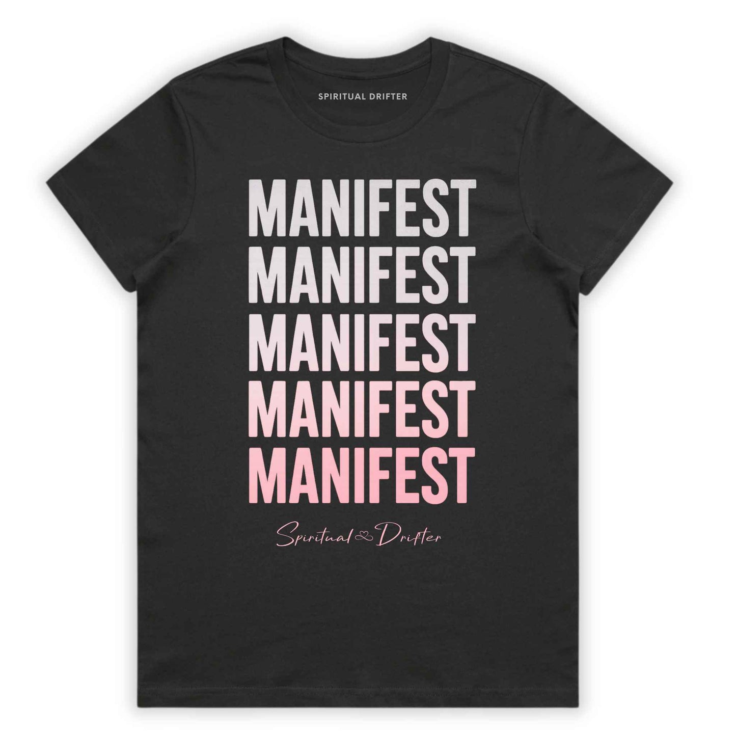 Charcoal Gray Spiritual Drifter ‘Manifest Manifest Manifest’ graphic cotton t-shirt. Elevated spiritual apparel inspired by awakening, meditation, mindfulness, yoga, law of attraction and conscious living. Inspired by Abraham Hicks and the Law of Attraction. 