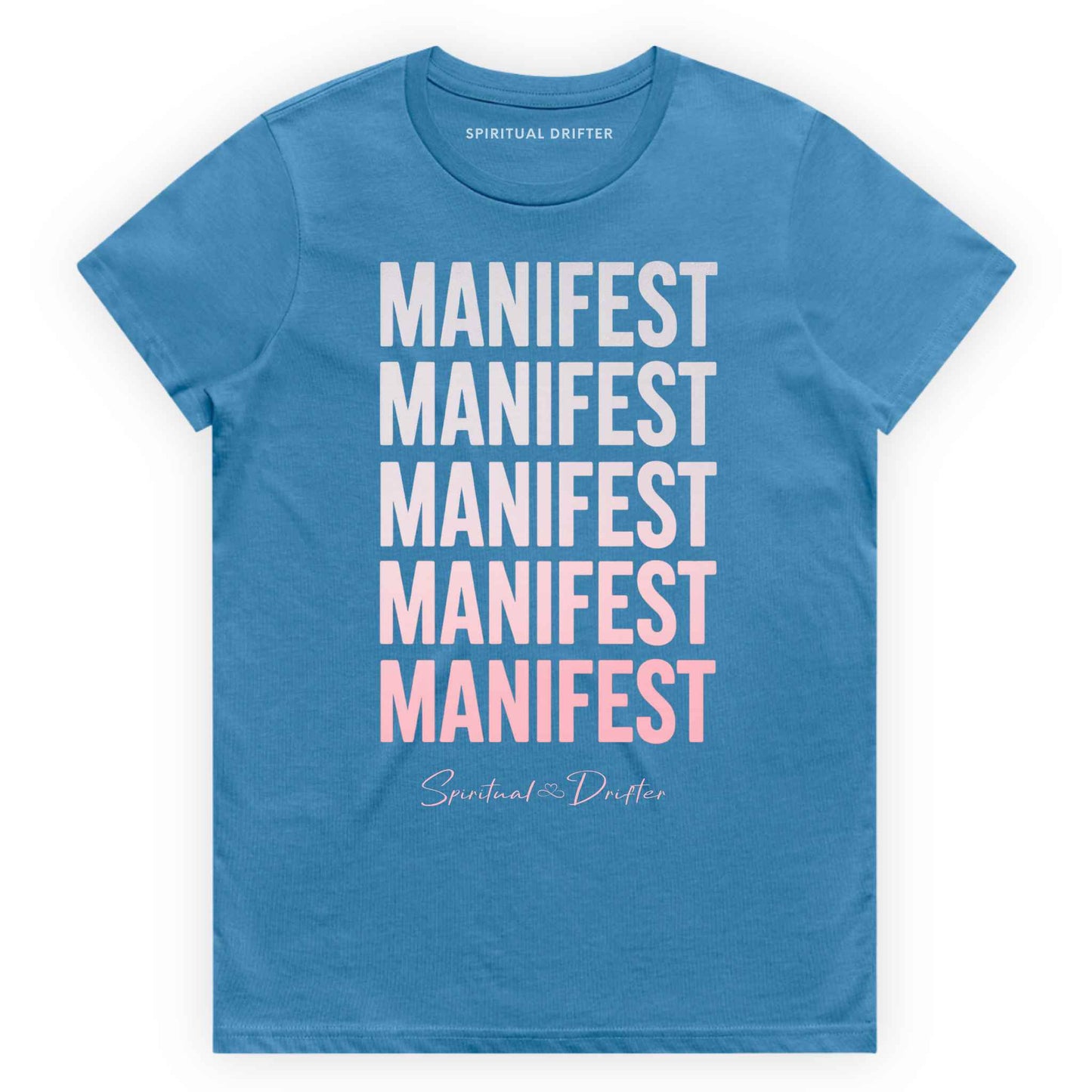 Hydro Blue Spiritual Drifter ‘Manifest Manifest Manifest’ graphic cotton t-shirt. Elevated spiritual apparel inspired by awakening, meditation, mindfulness, yoga, law of attraction and conscious living. Inspired by Abraham Hicks and the Law of Attraction. 