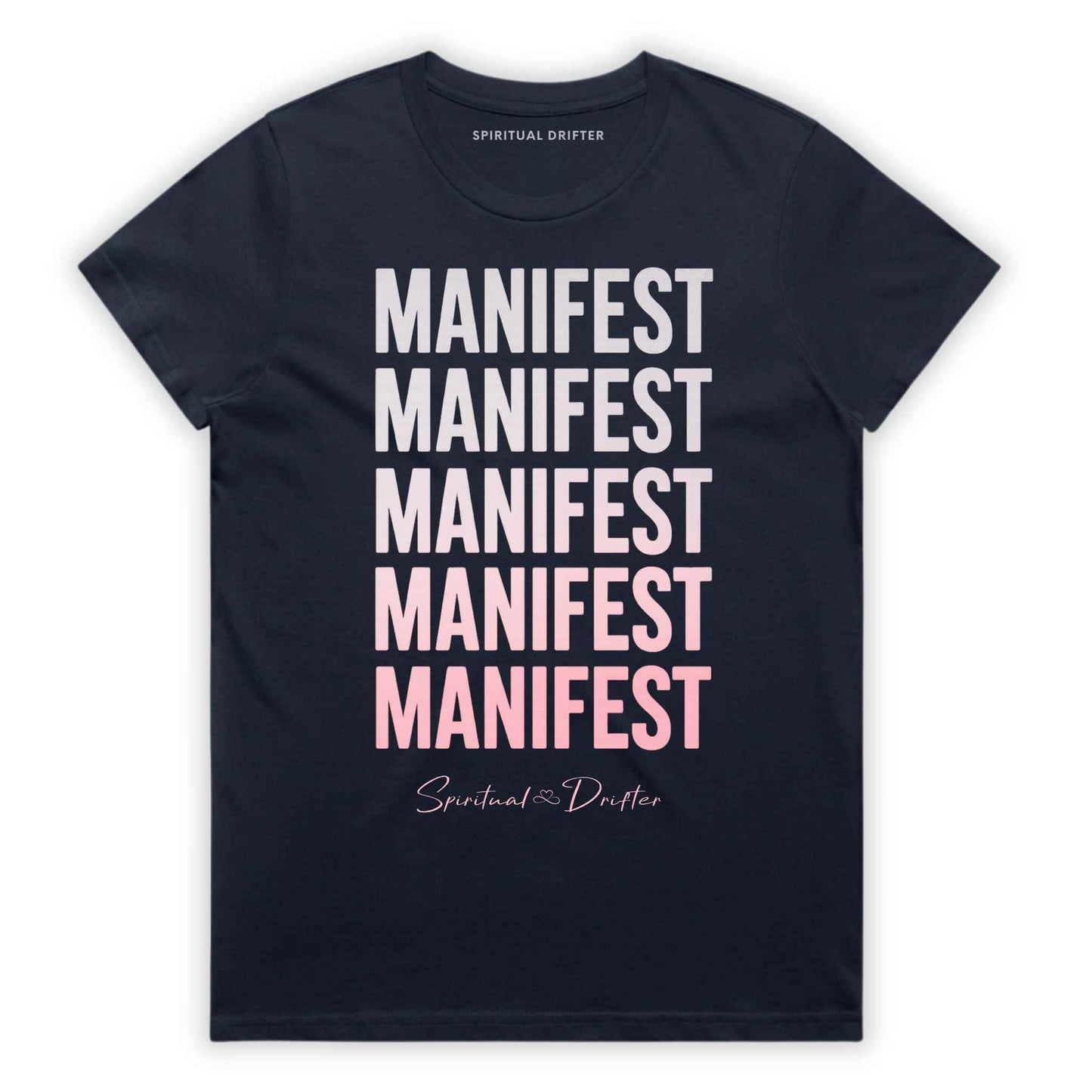 Midnight Navy Blue Spiritual Drifter ‘Manifest Manifest Manifest’ graphic cotton t-shirt. Elevated spiritual apparel inspired by awakening, meditation, mindfulness, yoga, law of attraction and conscious living. Inspired by Abraham Hicks and the Law of Attraction. 
