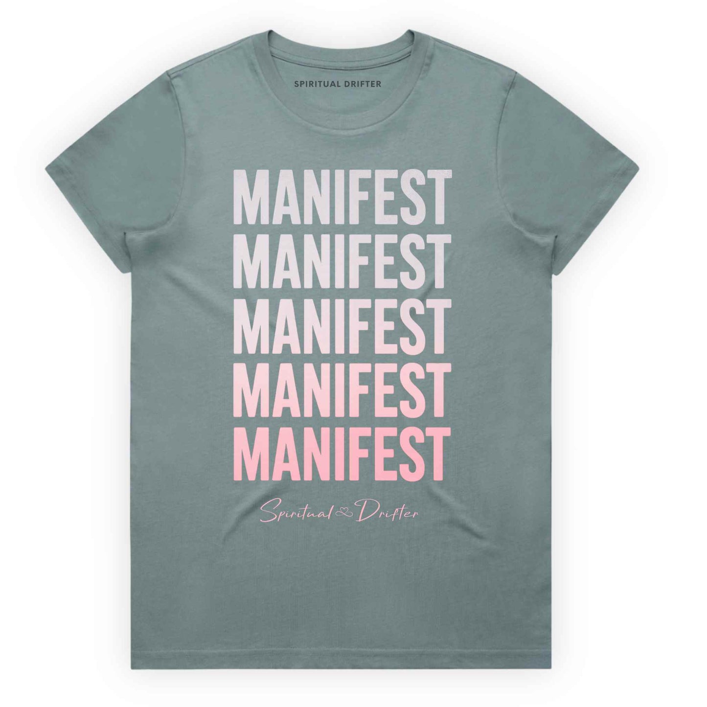 Mineral Blue Spiritual Drifter ‘Manifest Manifest Manifest’ graphic cotton t-shirt. Elevated spiritual apparel inspired by awakening, meditation, mindfulness, yoga, law of attraction and conscious living. Inspired by Abraham Hicks and the Law of Attraction. 