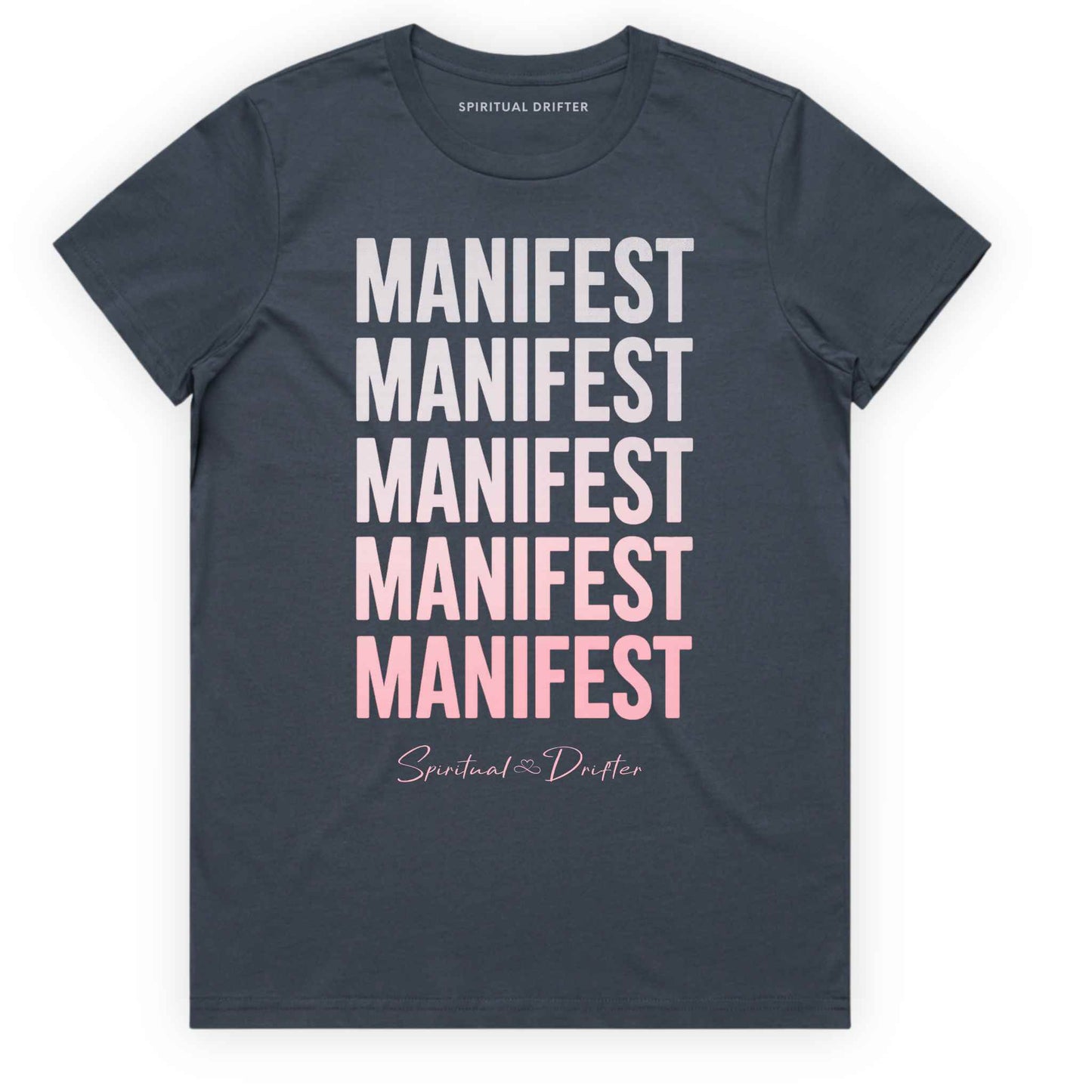 Petrol Blue Spiritual Drifter ‘Manifest Manifest Manifest’ graphic cotton t-shirt. Elevated spiritual apparel inspired by awakening, meditation, mindfulness, yoga, law of attraction and conscious living. Inspired by Abraham Hicks and the Law of Attraction. 