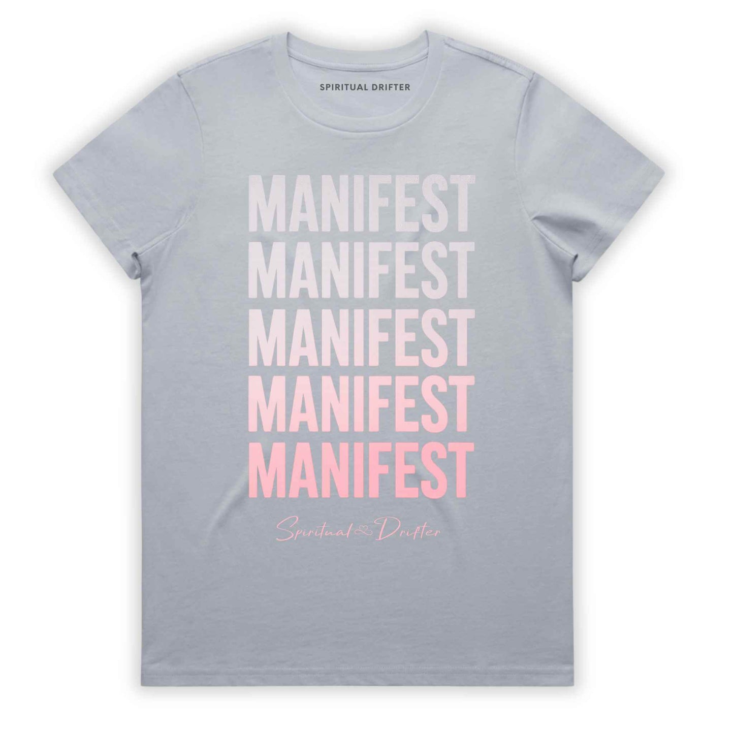 Powder gray Spiritual Drifter ‘Manifest Manifest Manifest’ graphic cotton t-shirt. Elevated spiritual apparel inspired by awakening, meditation, mindfulness, yoga, law of attraction and conscious living. Inspired by Abraham Hicks and the Law of Attraction. 