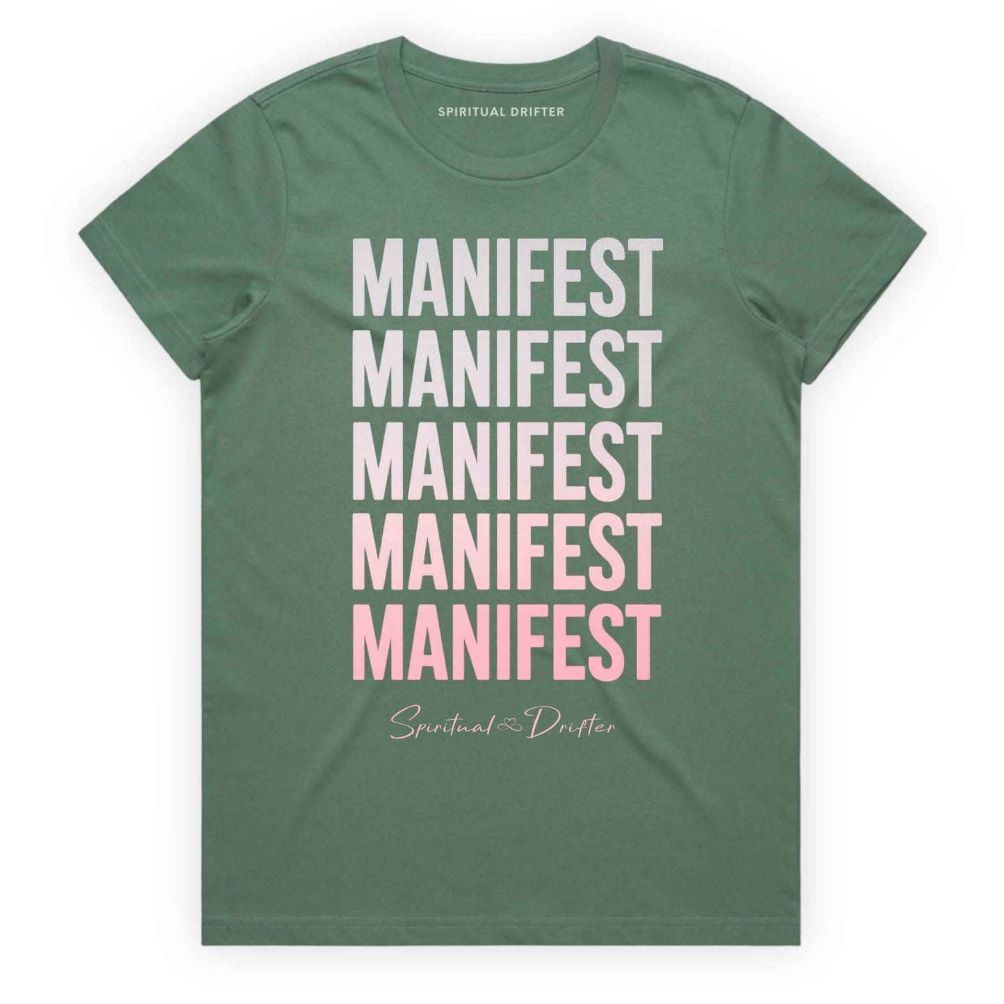 Sage Green Spiritual Drifter ‘Manifest Manifest Manifest’ graphic cotton t-shirt. Elevated spiritual apparel inspired by awakening, meditation, mindfulness, yoga, law of attraction and conscious living. Inspired by Abraham Hicks and the Law of Attraction. 