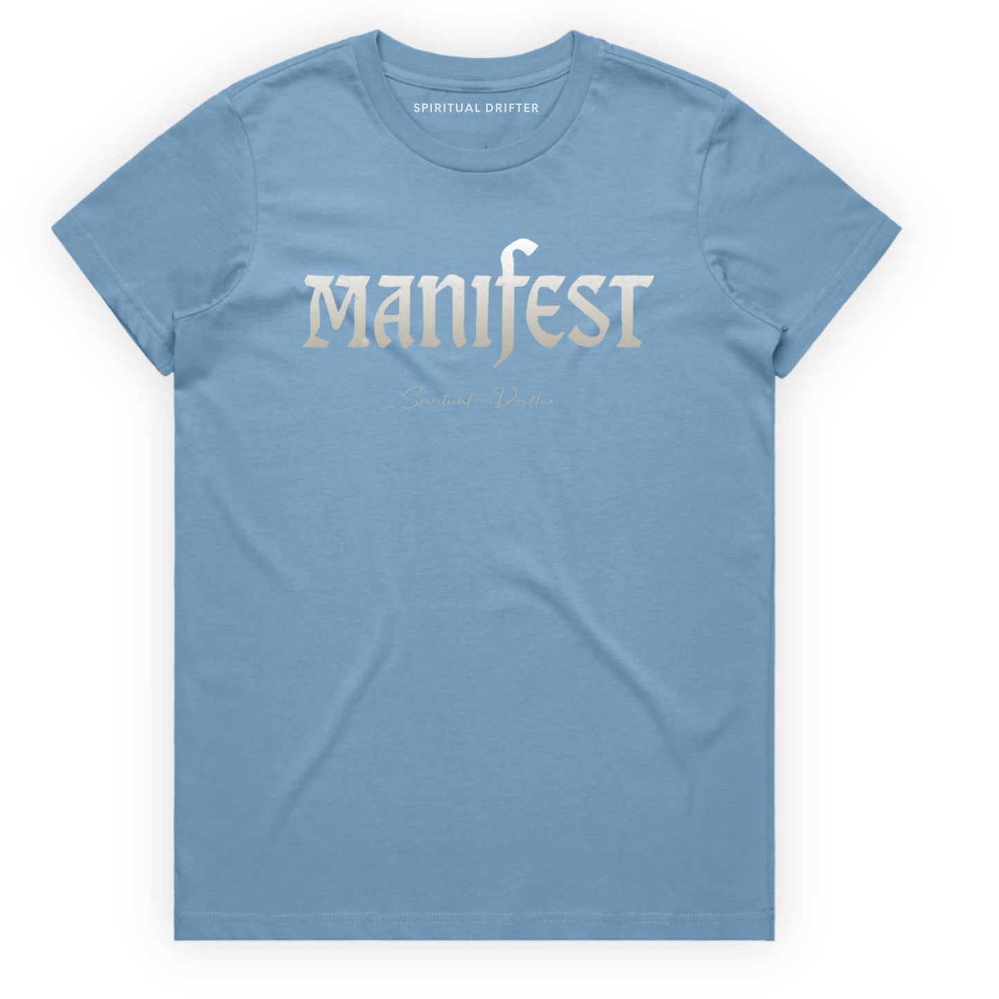 Light Blue Spiritual Drifter t-shirt with 'Manifest' printed on it against a white background. Elevated spiritual apparel inspired by meditation, mindfulness, yoga, positive vibes, law of attraction and conscious living. 