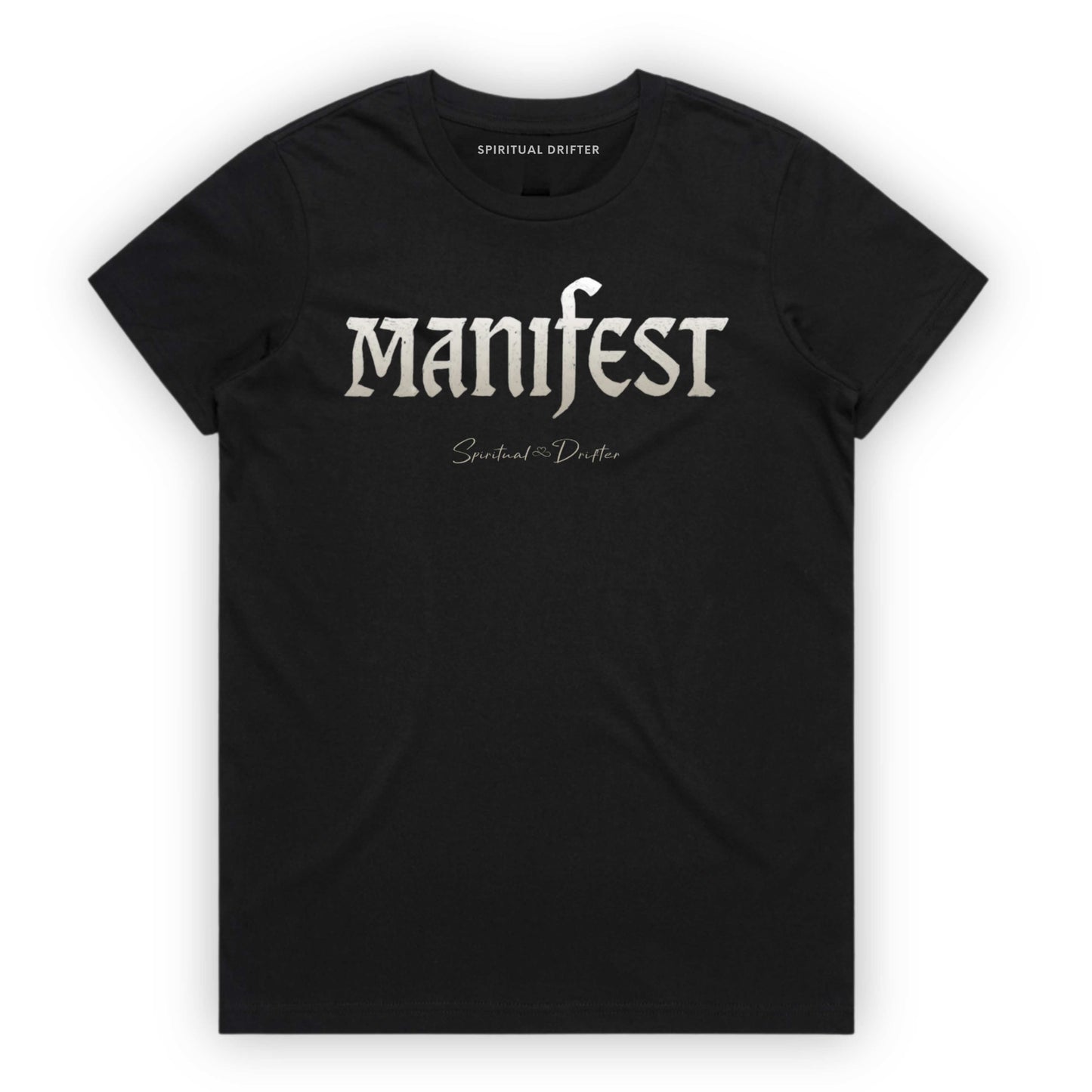 Black Spiritual Drifter t-shirt with 'Manifest' printed on it against a white background. Elevated spiritual apparel inspired by meditation, mindfulness, yoga, positive vibes, law of attraction and conscious living. 