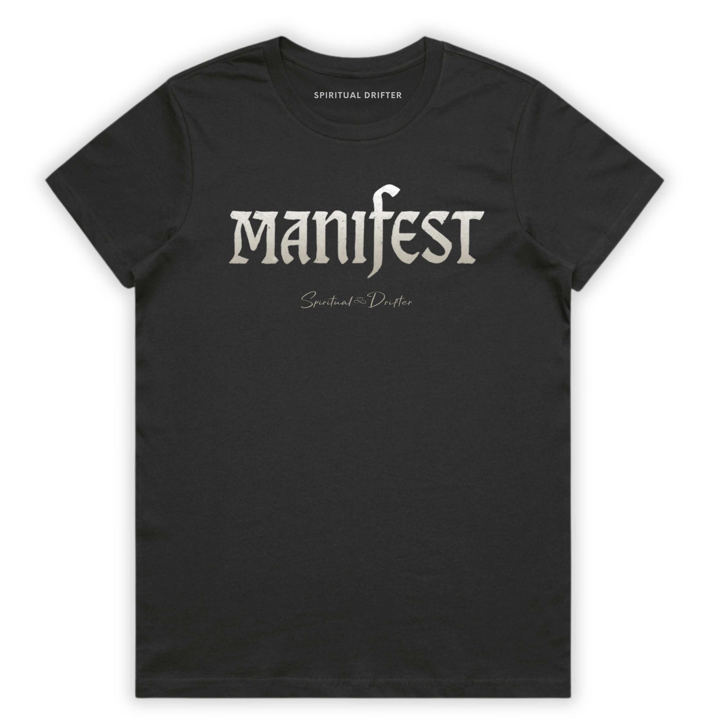 Charcoal Gray Spiritual Drifter t-shirt with 'Manifest' printed on it against a white background. Elevated spiritual apparel inspired by meditation, mindfulness, yoga, positive vibes, law of attraction and conscious living. 