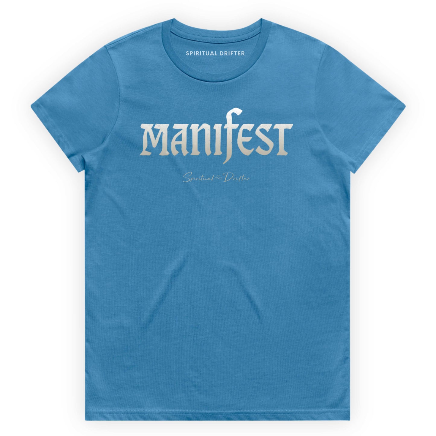 Blue Spiritual Drifter t-shirt with 'Manifest' printed on it against a white background. Elevated spiritual apparel inspired by meditation, mindfulness, yoga, positive vibes, law of attraction and conscious living. 