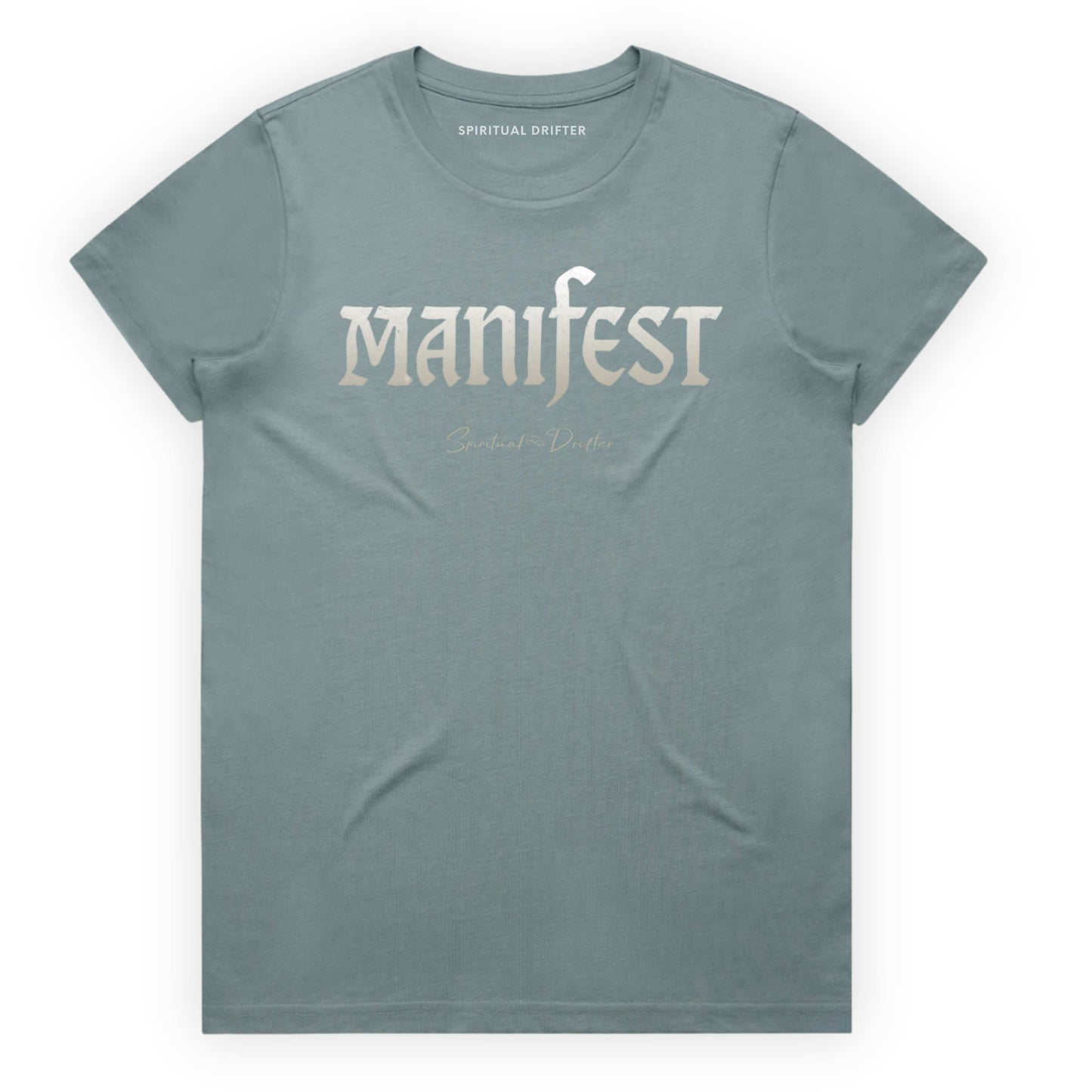 Mineral Blue Spiritual Drifter t-shirt with 'Manifest' printed on it against a white background. Elevated spiritual apparel inspired by meditation, mindfulness, yoga, positive vibes, law of attraction and conscious living. 