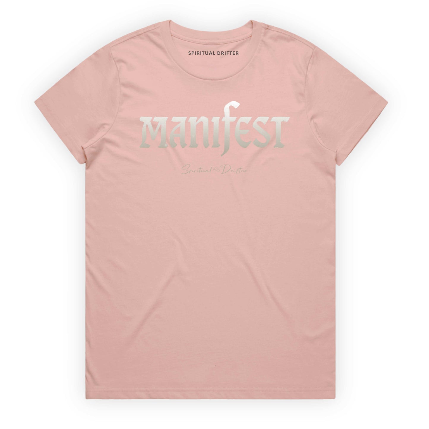 Pink Spiritual Drifter t-shirt with 'Manifest' printed on it against a white background. Elevated spiritual apparel inspired by meditation, mindfulness, yoga, positive vibes, law of attraction and conscious living. 