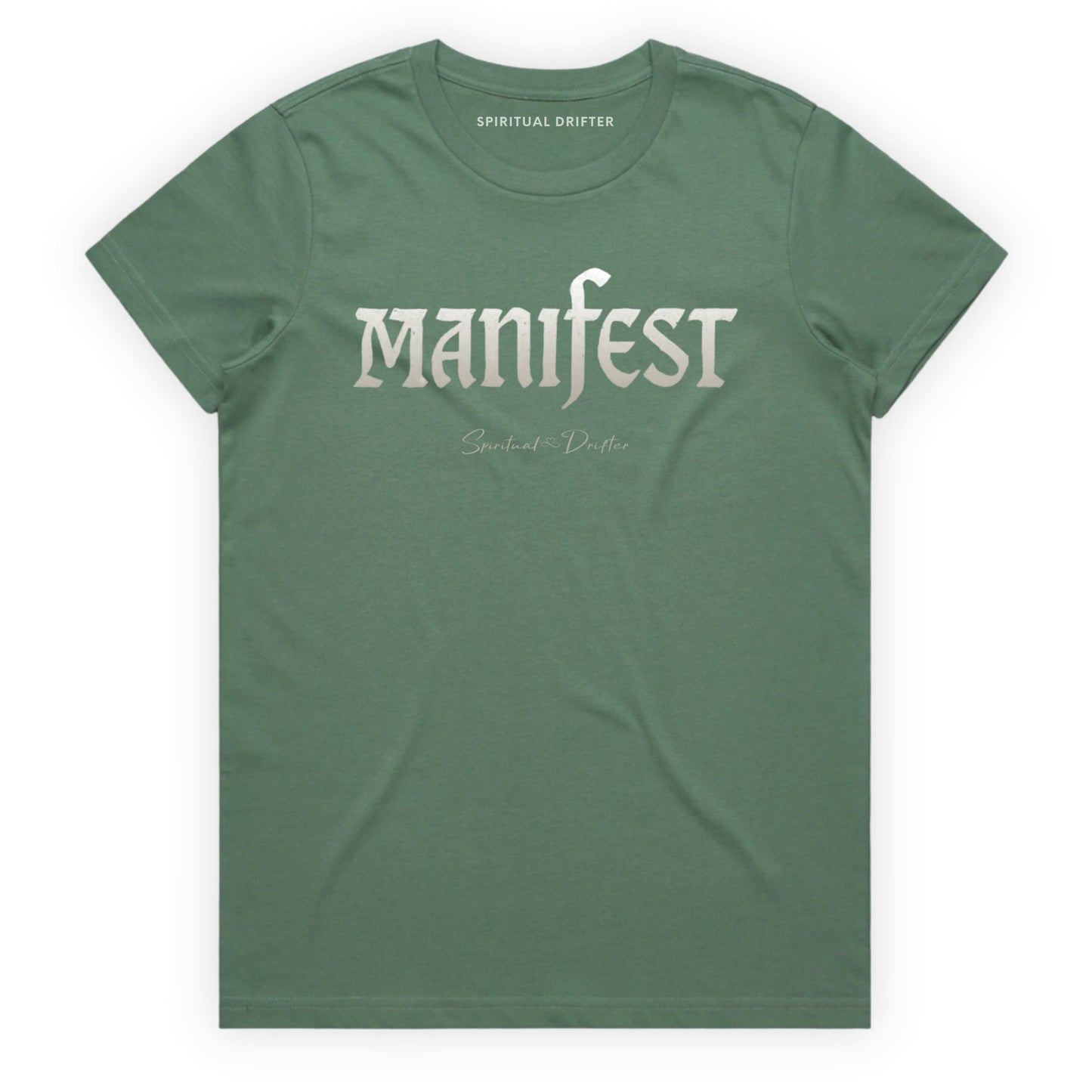 Green Spiritual Drifter t-shirt with 'Manifest' printed on it against a white background. Elevated spiritual apparel inspired by meditation, mindfulness, yoga, positive vibes, law of attraction and conscious living. 