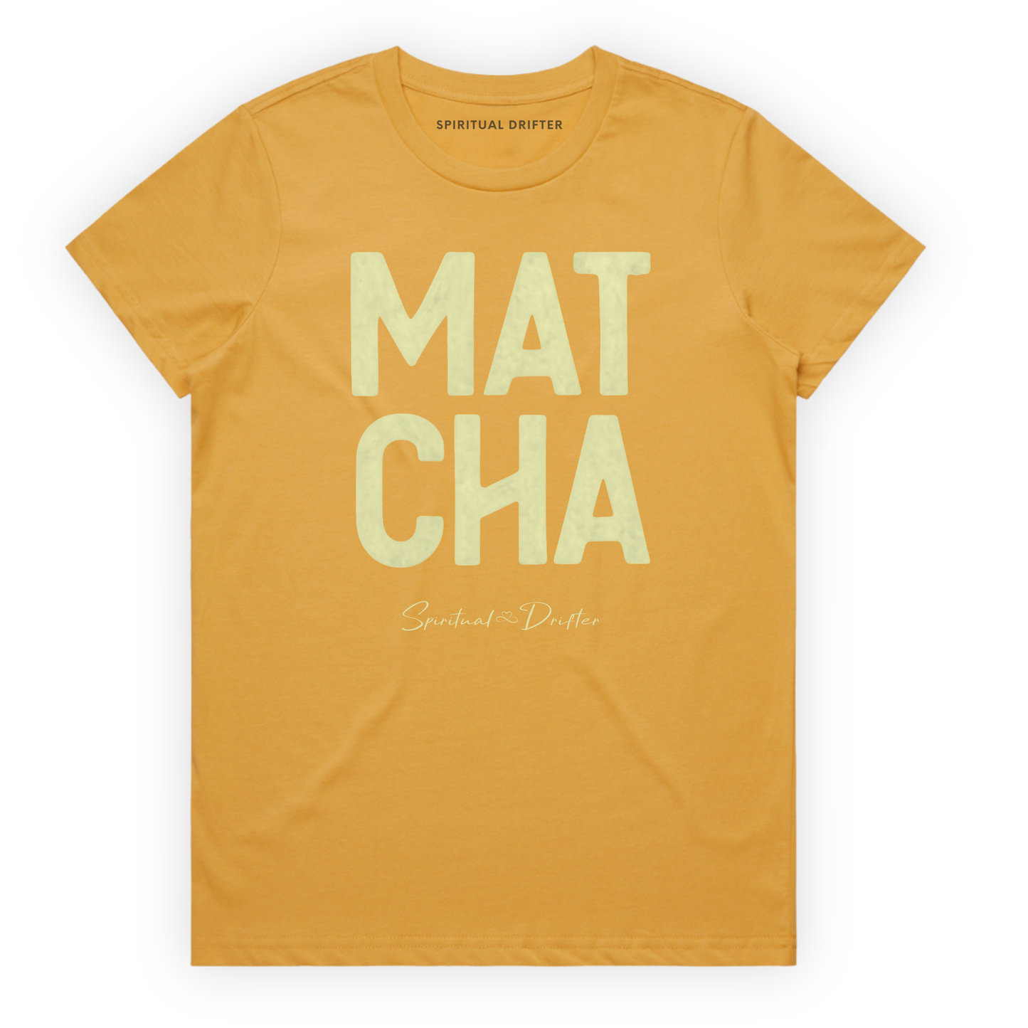 Spiritual Drifter “Matcha” graphic feminine 100% cotton t-shirt in mustard. Spiritual lifestyle, positive vibes, aligned, positive mindset, conscious living & yoga clothing. Spiritual apparel inspired by modern mysticism, meditation, matcha, manifestation and conscious living. Yoga and meditation clothing for awakened souls.