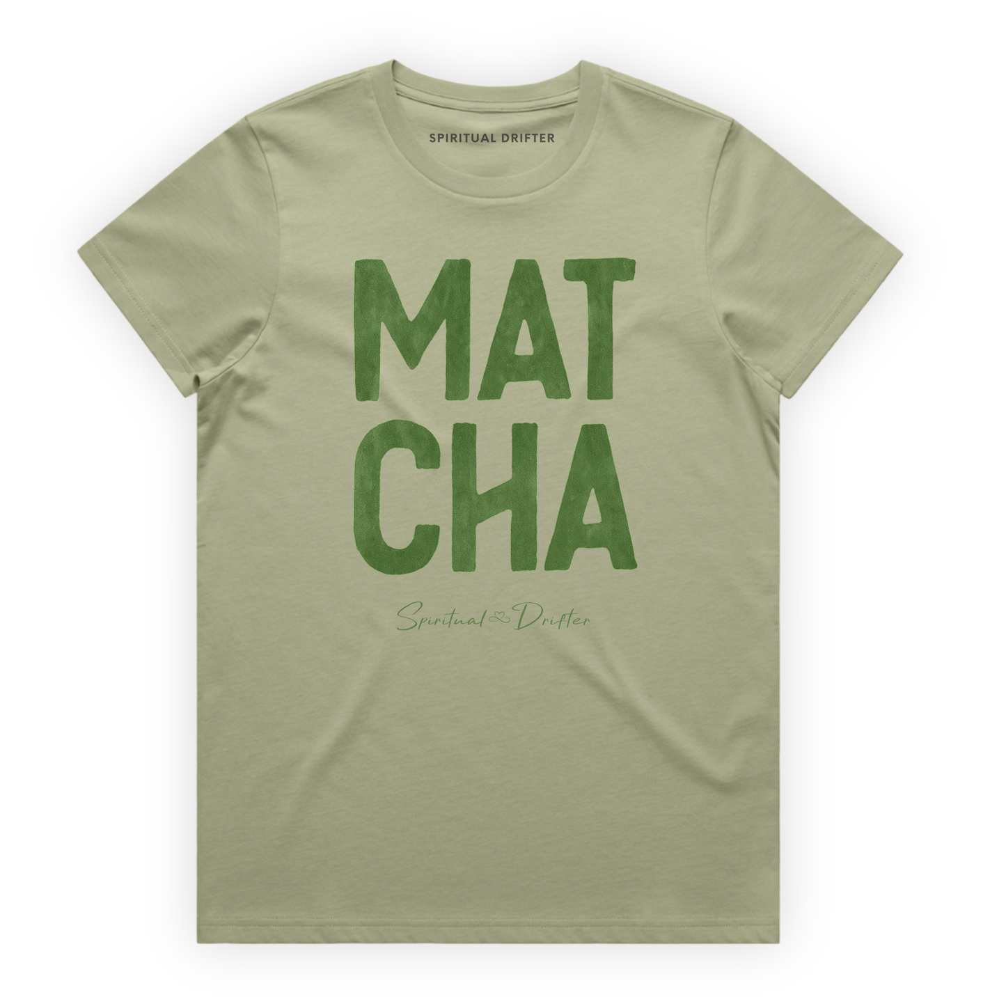Spiritual Drifter “Matcha” graphic feminine 100% cotton t-shirt in pistachio and matcha green. Spiritual lifestyle, positive vibes, aligned, positive mindset, conscious living & yoga clothing. Spiritual apparel inspired by modern mysticism, meditation, matcha, manifestation and conscious living. Yoga and meditation clothing for awakened souls.