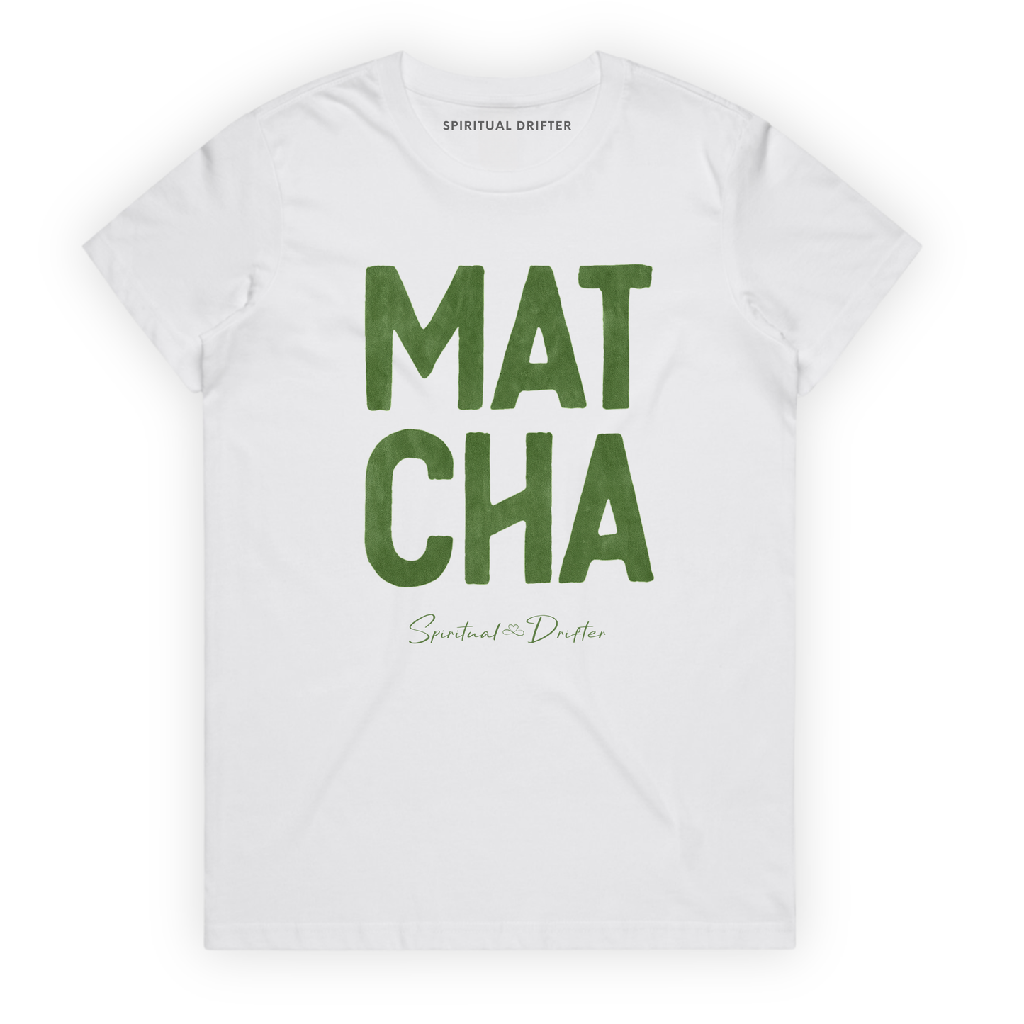 Spiritual Drifter “Matcha” graphic feminine 100% cotton t-shirt in white and matcha green. Spiritual lifestyle, positive vibes, aligned, positive mindset, conscious living & yoga clothing. Spiritual apparel inspired by modern mysticism, meditation, matcha, manifestation and conscious living. Yoga and meditation clothing for awakened souls.