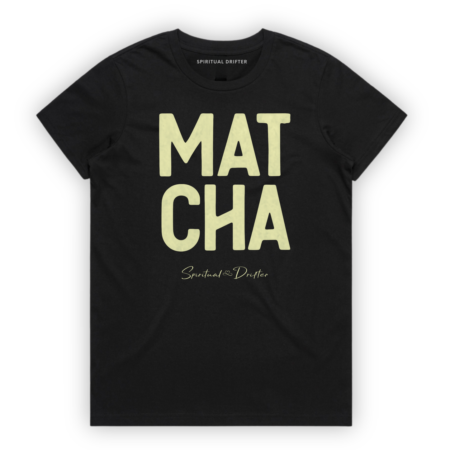 Spiritual Drifter “Matcha” graphic feminine 100% cotton t-shirt in black. Spiritual lifestyle, positive vibes, aligned, positive mindset, conscious living & yoga clothing. Spiritual apparel inspired by modern mysticism, meditation, matcha, manifestation and conscious living. Yoga and meditation clothing for awakened souls.