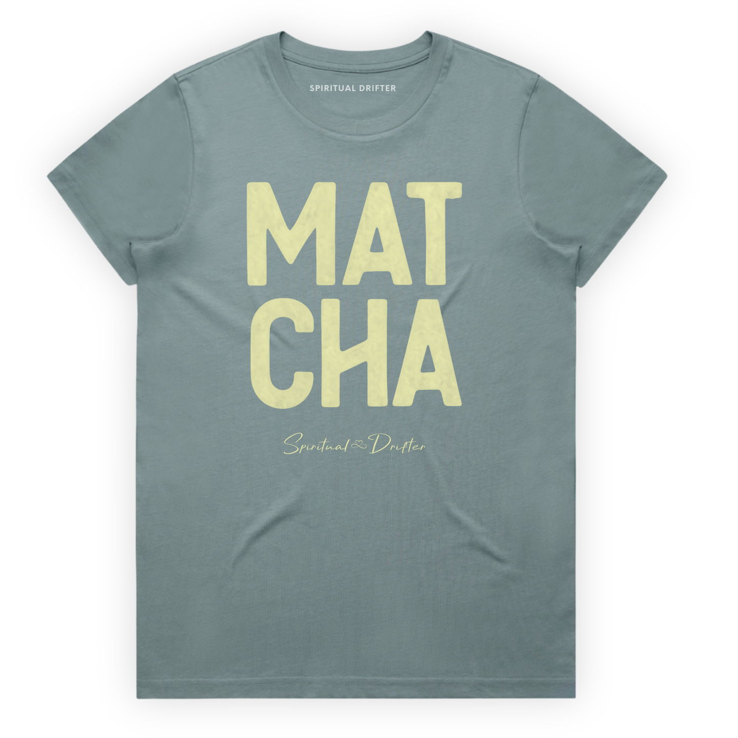 Spiritual Drifter “Matcha” graphic feminine 100% cotton t-shirt in mineral. Spiritual lifestyle, positive vibes, aligned, positive mindset, conscious living & yoga clothing. Spiritual apparel inspired by modern mysticism, meditation, matcha, manifestation and conscious living. Yoga and meditation clothing for awakened souls.