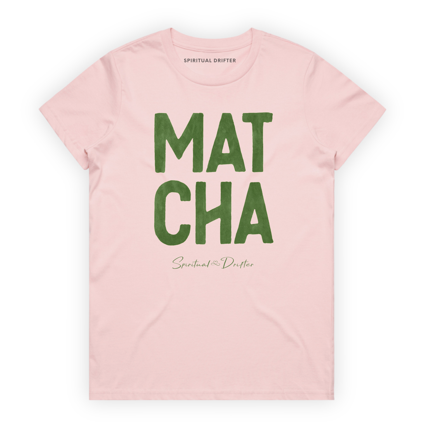 Spiritual Drifter “Matcha” graphic feminine 100% cotton t-shirt in pink and matcha green. Spiritual lifestyle, positive vibes, aligned, positive mindset, conscious living & yoga clothing. Spiritual apparel inspired by modern mysticism, meditation, matcha, manifestation and conscious living. Yoga and meditation clothing for awakened souls.