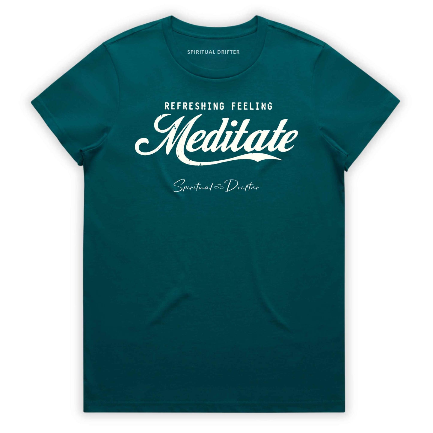 Teal t-shirt with graphic text 'Meditate' on a white background. Elevated spiritual apparel inspired by awakening, meditation, mindfulness, yoga, law of attraction and conscious living.background