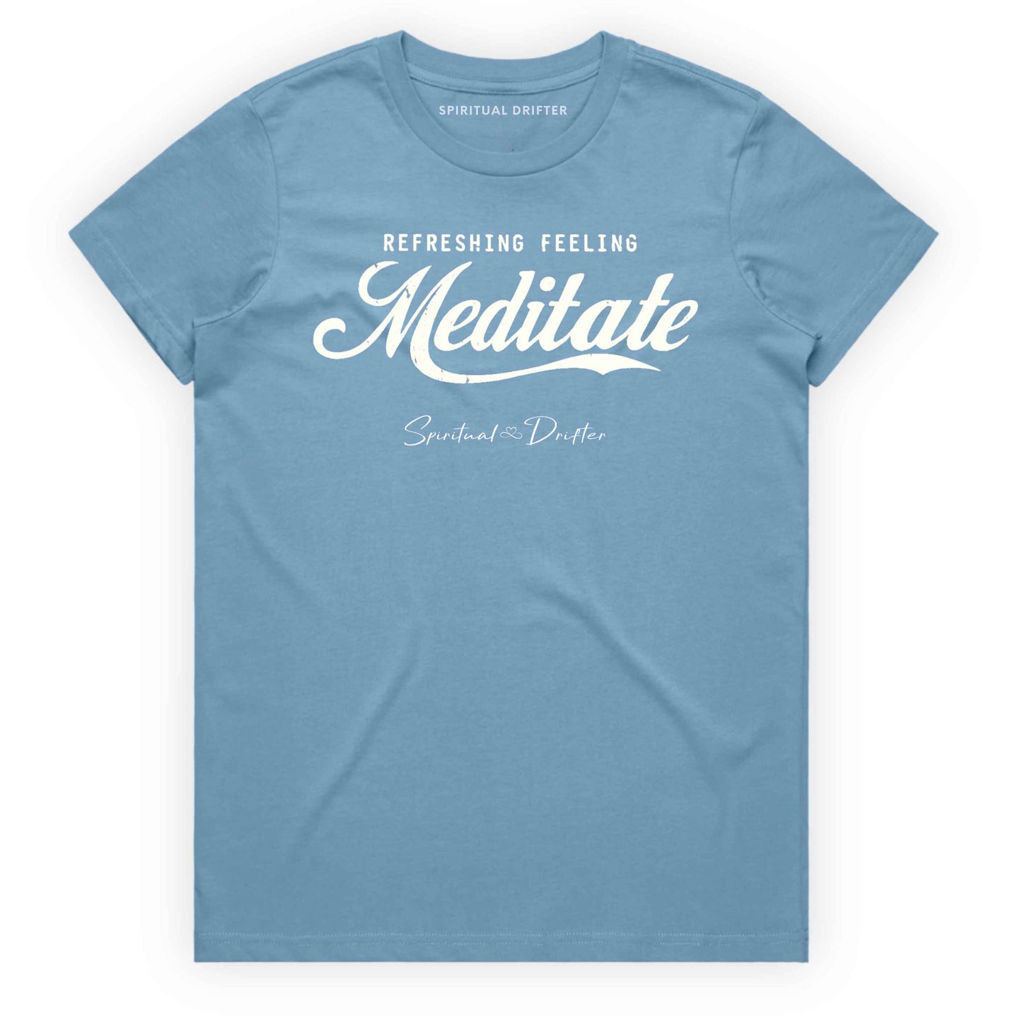 Carolina blue t-shirt with graphic text 'Meditate' on a white background. Elevated spiritual apparel inspired by awakening, meditation, mindfulness, yoga, law of attraction and conscious living.