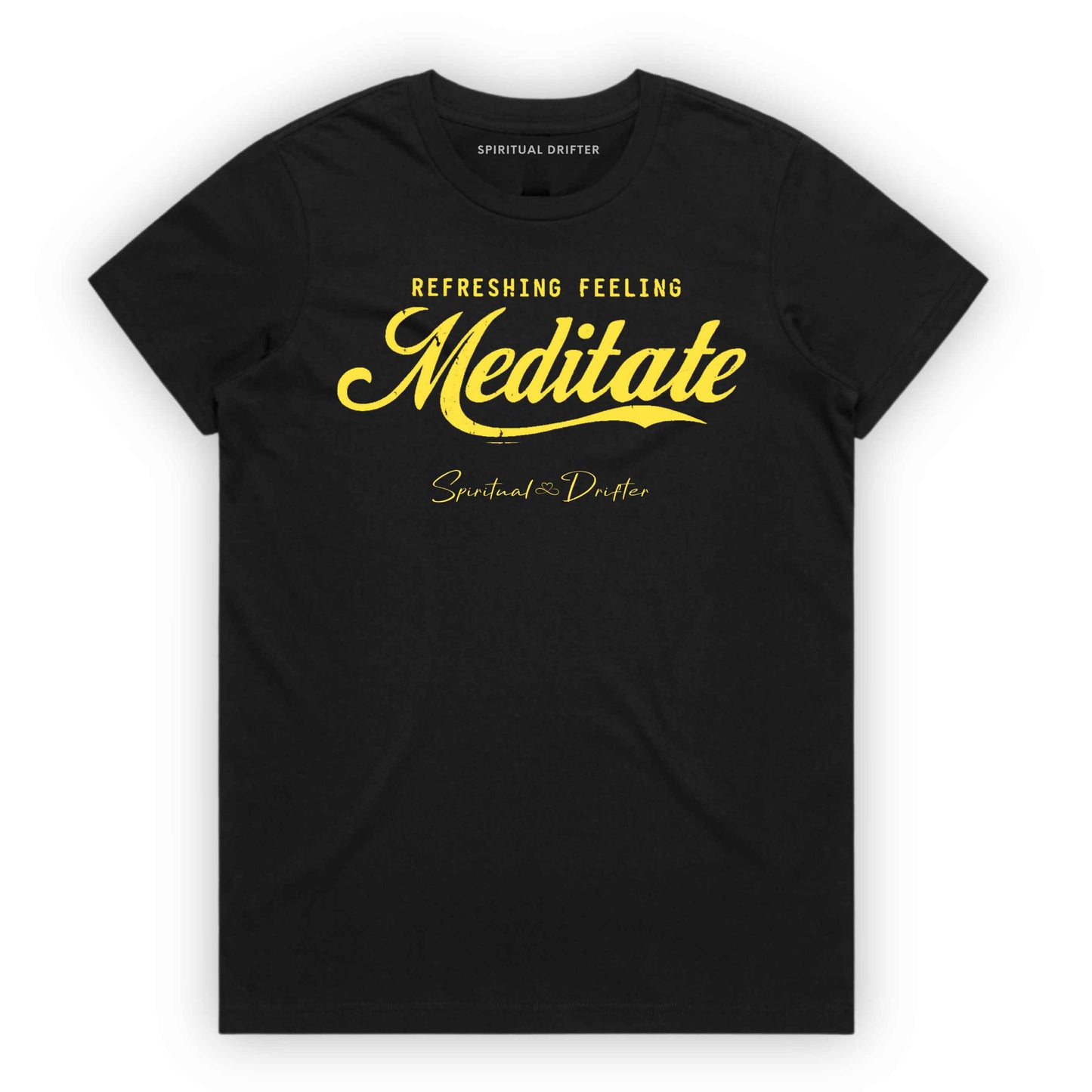Black t-shirt with graphic text 'Meditate' on a white background. Elevated spiritual apparel inspired by awakening, meditation, mindfulness, yoga, law of attraction and conscious living.