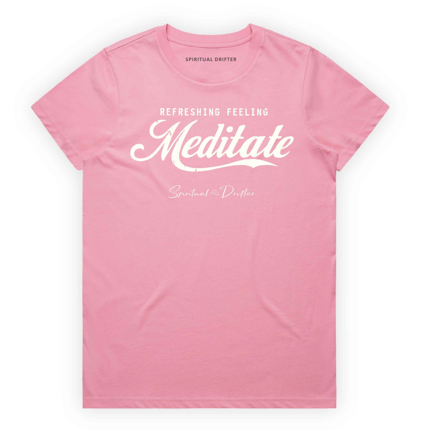 Pink t-shirt with graphic text 'Meditate' on a white background. Elevated spiritual apparel inspired by awakening, meditation, mindfulness, yoga, law of attraction and conscious living.