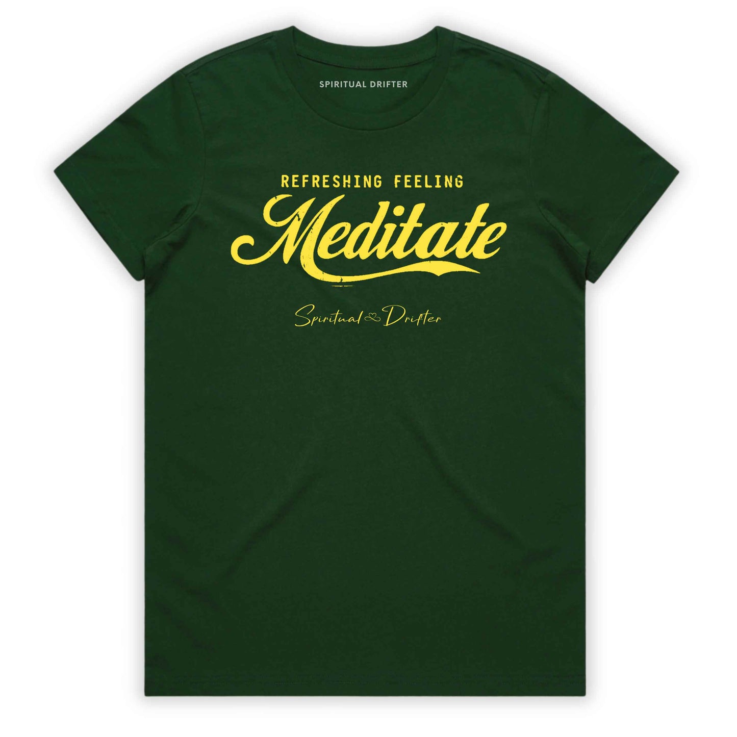 Forest green t-shirt with graphic text 'Meditate' on a white background. Elevated spiritual apparel inspired by awakening, meditation, mindfulness, yoga, law of attraction and conscious living.