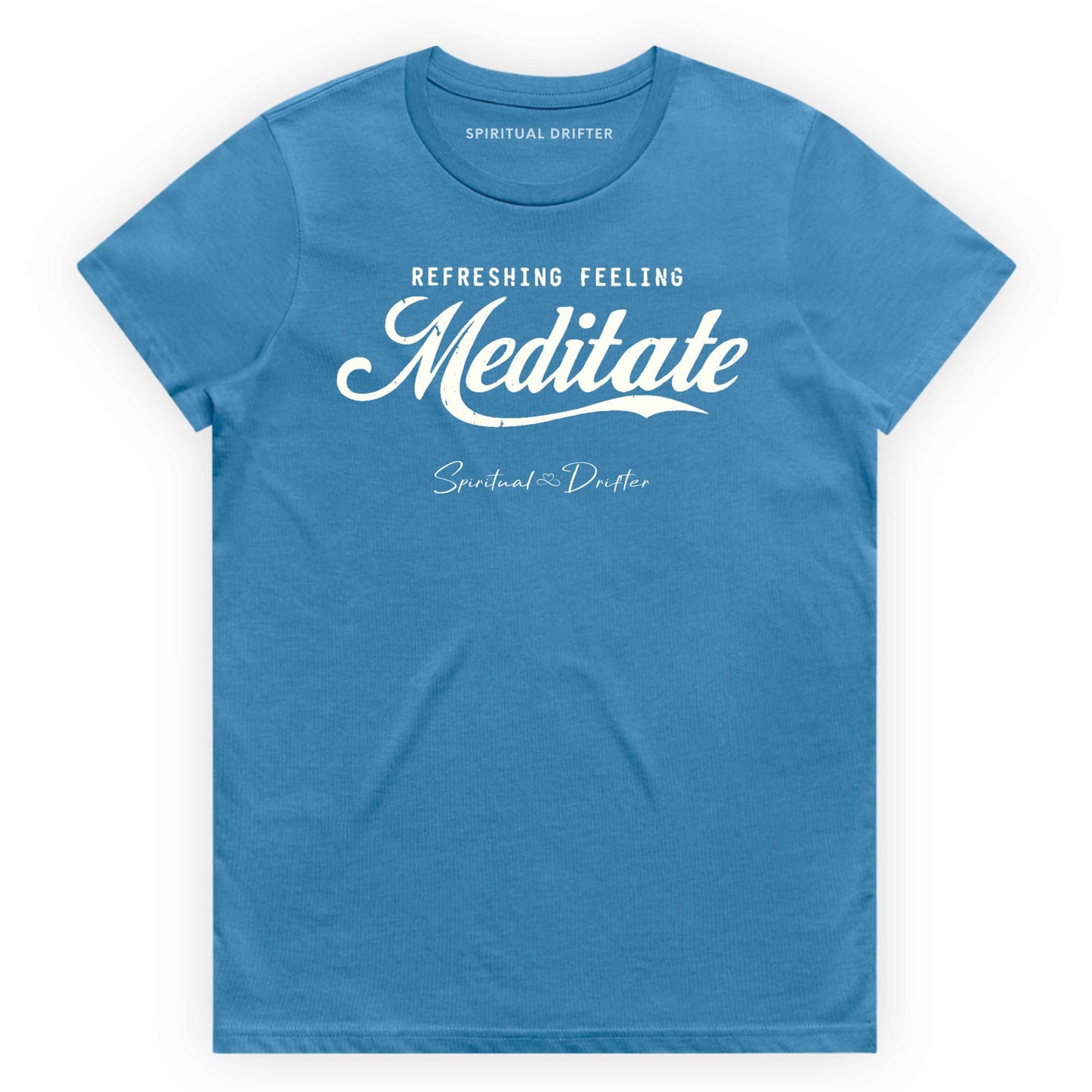 Hydro blue t-shirt with graphic text 'Meditate' on a white background. Elevated spiritual apparel inspired by awakening, meditation, mindfulness, yoga, law of attraction and conscious living.