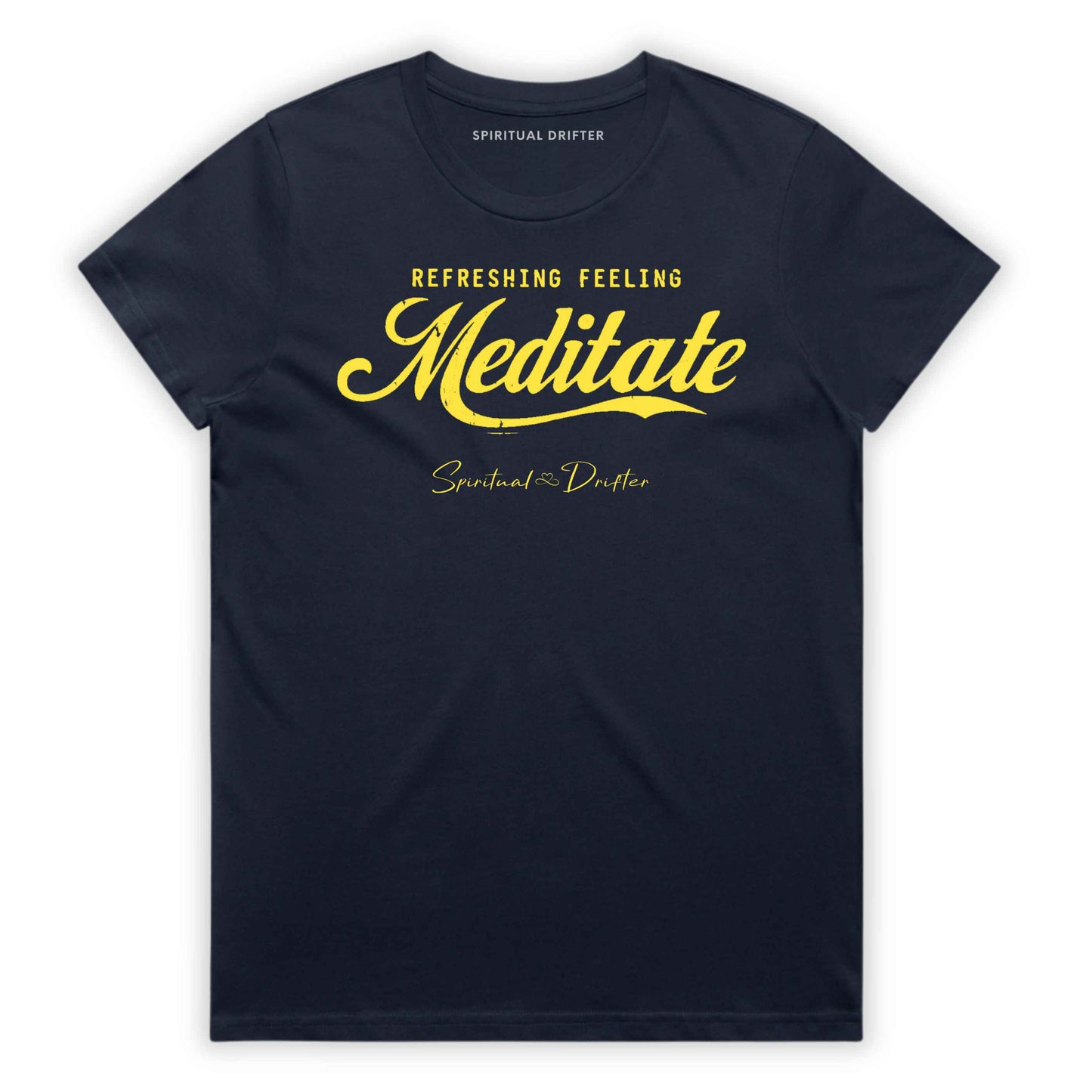 Midnight Blue  t-shirt with yellow text 'Meditate' on a white background. Elevated spiritual apparel inspired by awakening, meditation, mindfulness, yoga, law of attraction and conscious living.