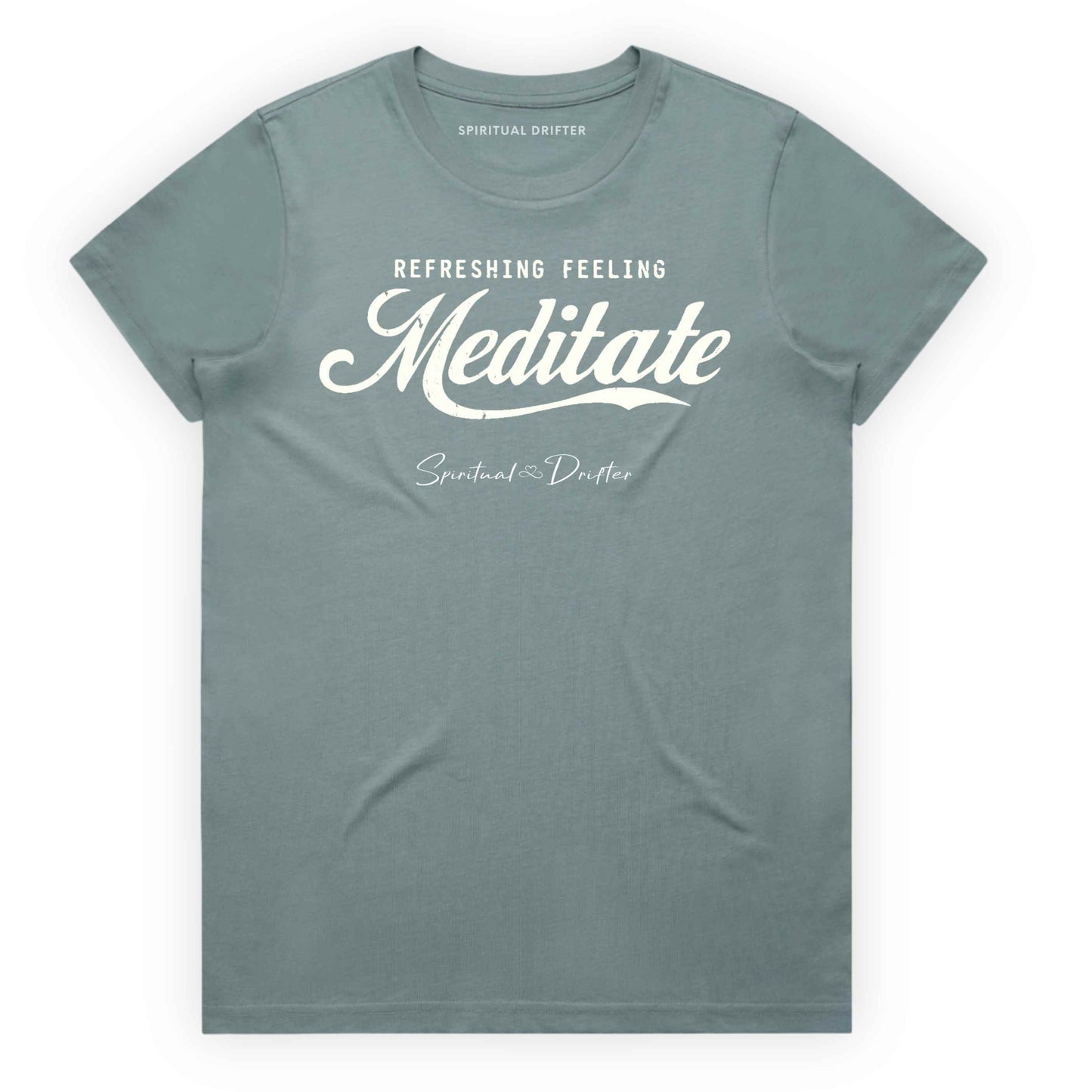 Mineral t-shirt with graphic text 'Meditate' on a white background. Elevated spiritual apparel inspired by awakening, meditation, mindfulness, yoga, law of attraction and conscious living.