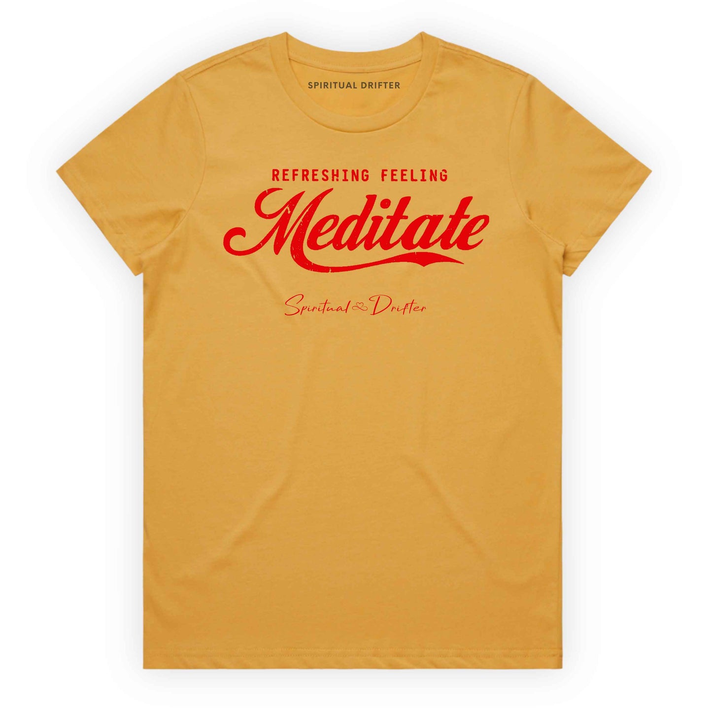 Yellow t-shirt with graphic text 'Meditate' on a white background. Elevated spiritual apparel inspired by awakening, meditation, mindfulness, yoga, law of attraction and conscious living.