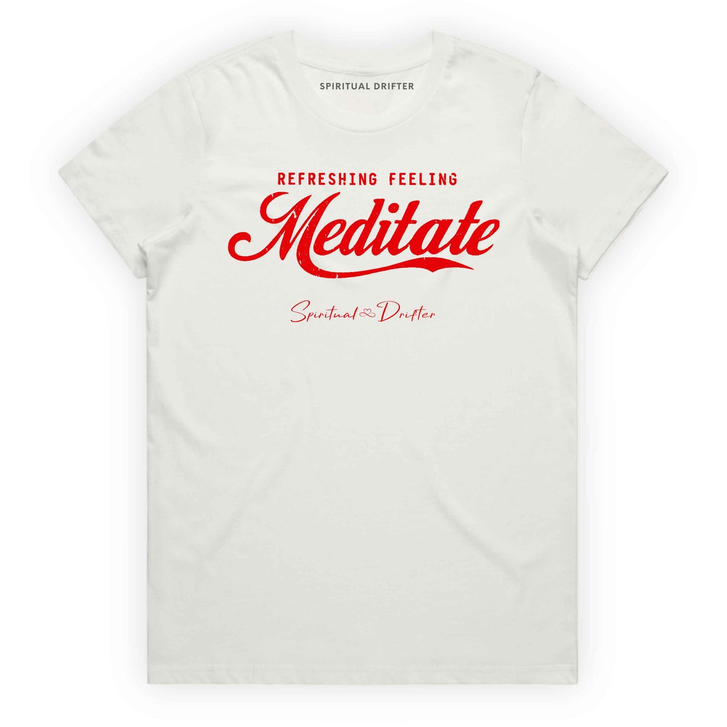 Natural t-shirt with graphic text 'Meditate' on a white background. Elevated spiritual apparel inspired by awakening, meditation, mindfulness, yoga, law of attraction and conscious living.