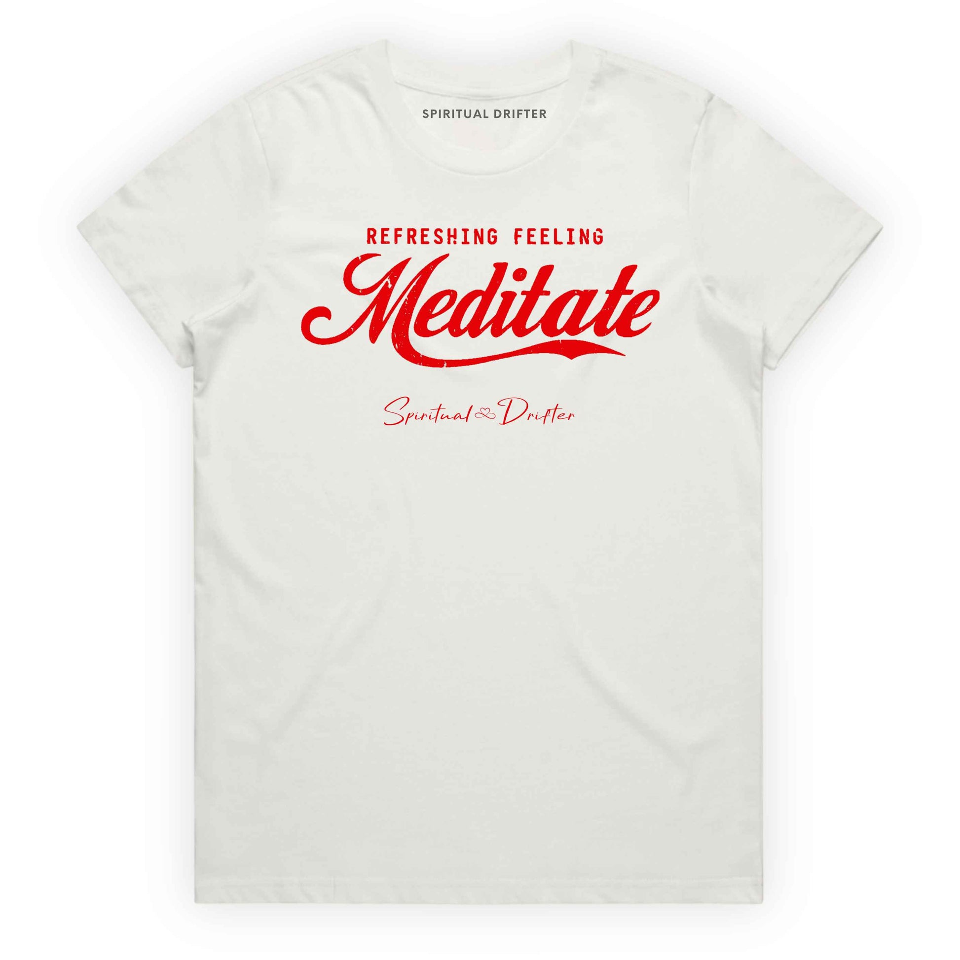 Natural t-shirt with graphic text 'Meditate' on a white background. Elevated spiritual apparel inspired by awakening, meditation, mindfulness, yoga, law of attraction and conscious living.