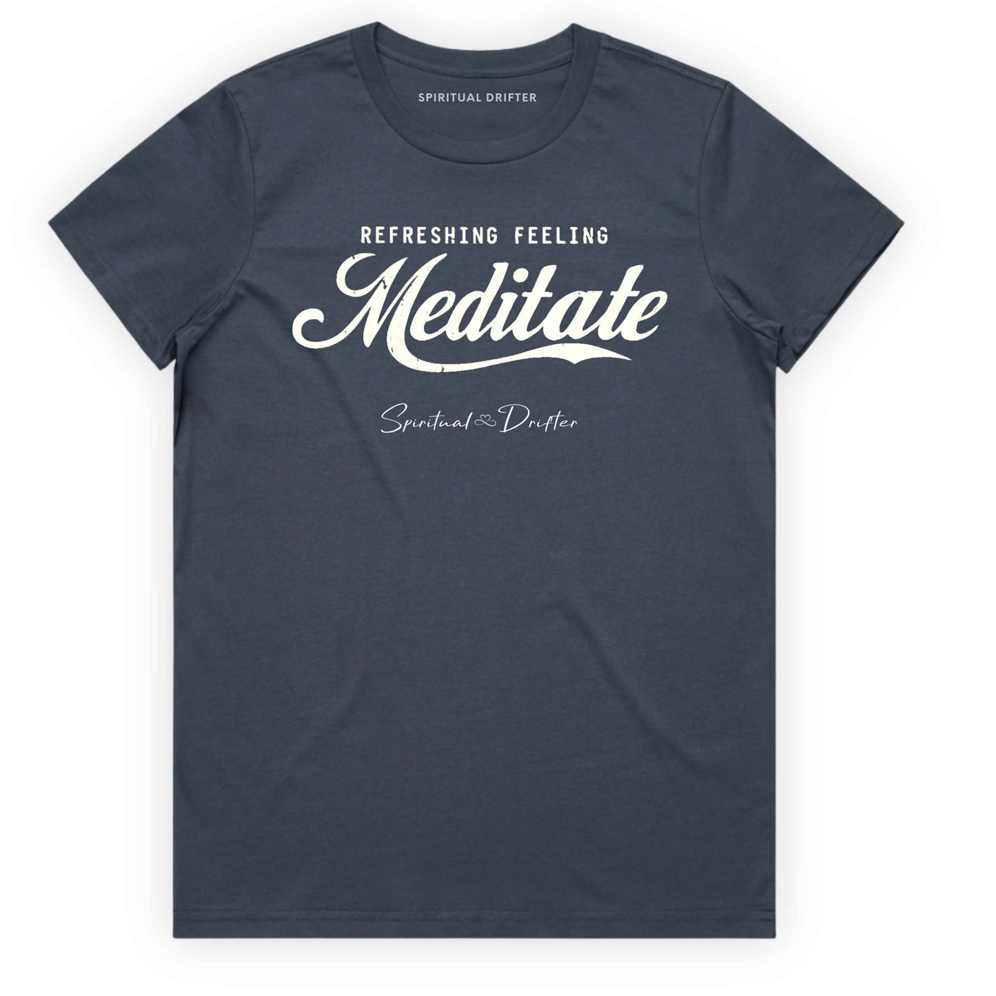 Petrol Blue t-shirt with graphic text 'Meditate' on a white background. Elevated spiritual apparel inspired by awakening, meditation, mindfulness, yoga, law of attraction and conscious living.
