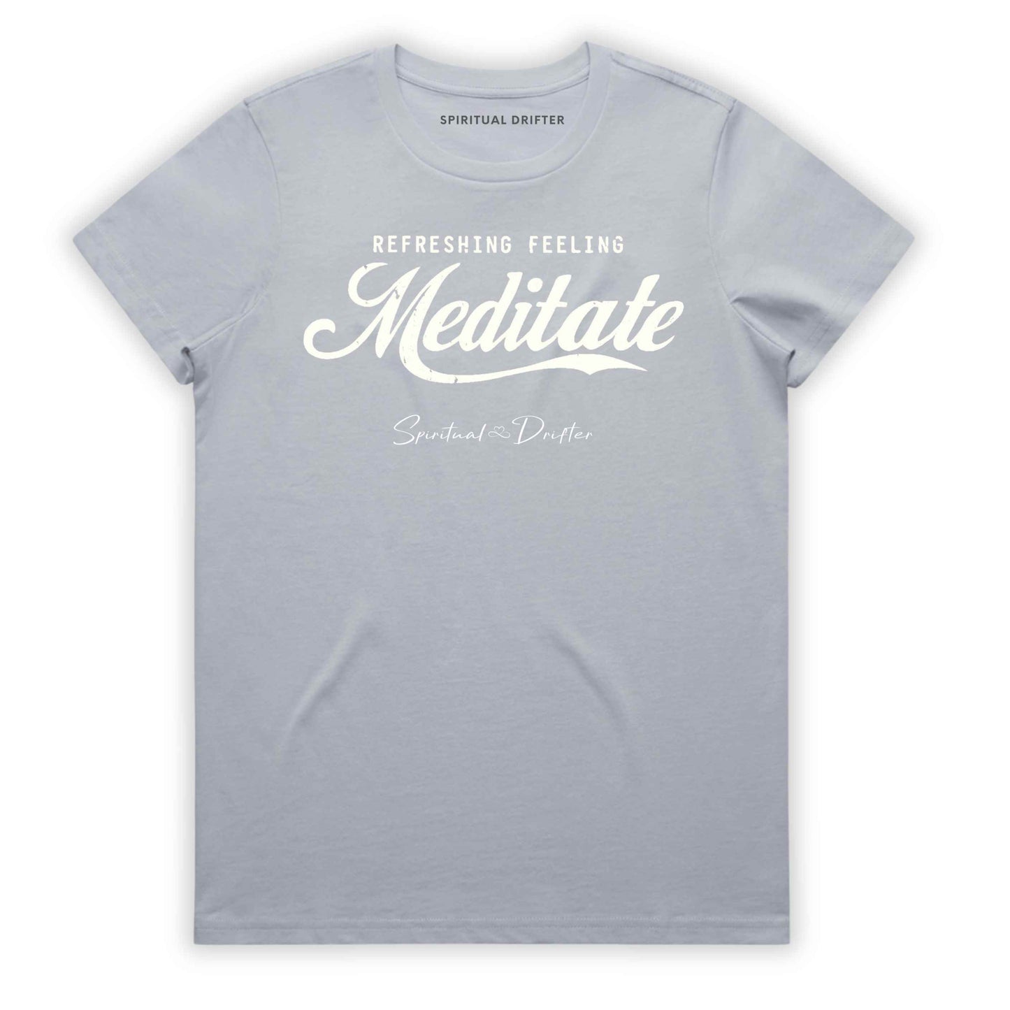 Gray t-shirt with graphic text 'Meditate' on a white background. Elevated spiritual apparel inspired by awakening, meditation, mindfulness, yoga, law of attraction and conscious living.
