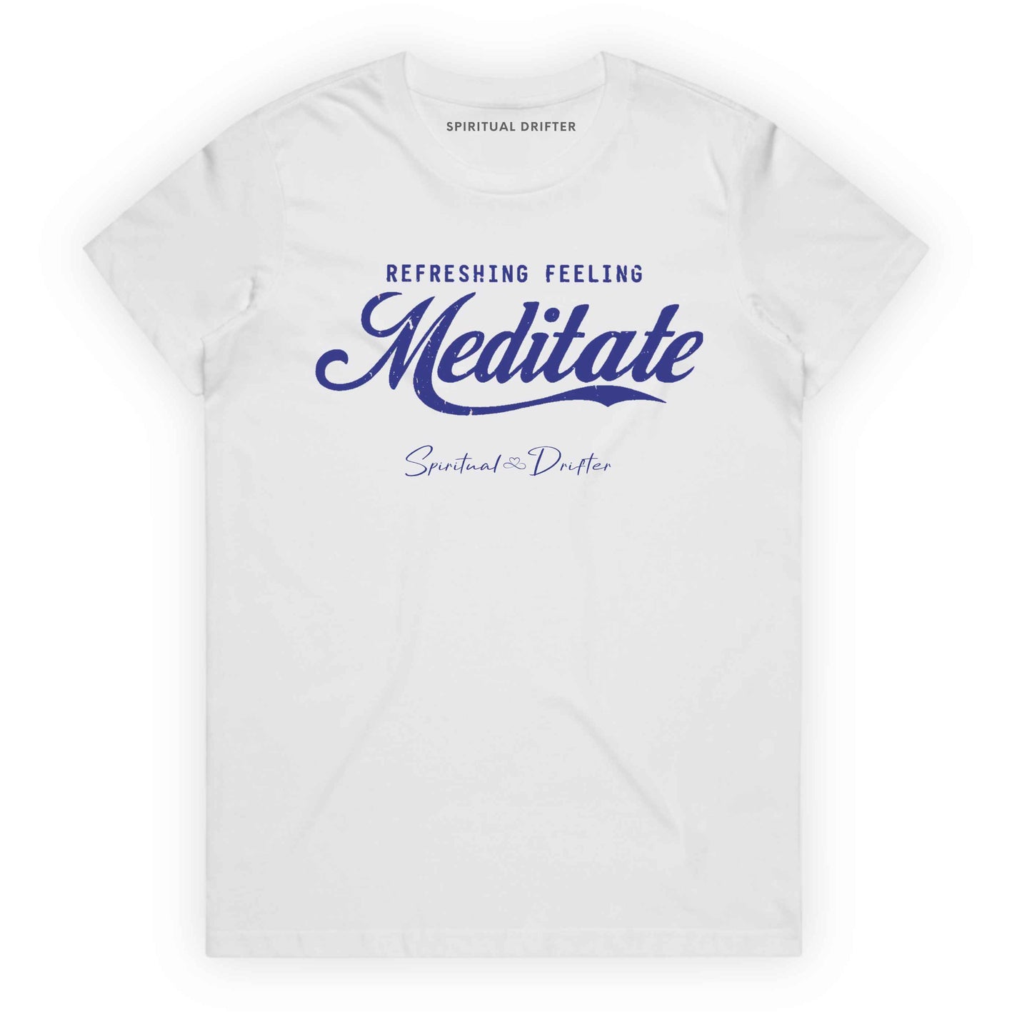 White t-shirt with graphic text 'Meditate' on a white background. Elevated spiritual apparel inspired by awakening, meditation, mindfulness, yoga, law of attraction and conscious living.