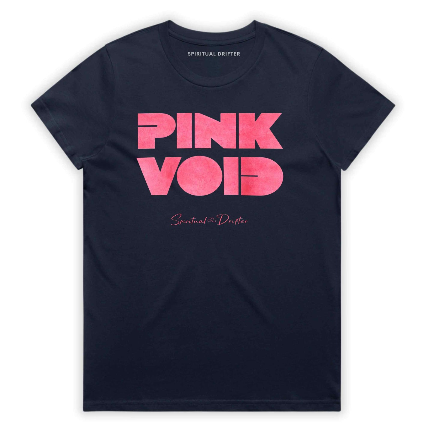 Spiritual Drifter Midnight Navy t-shirt with "Pink Void" graphic on a white background