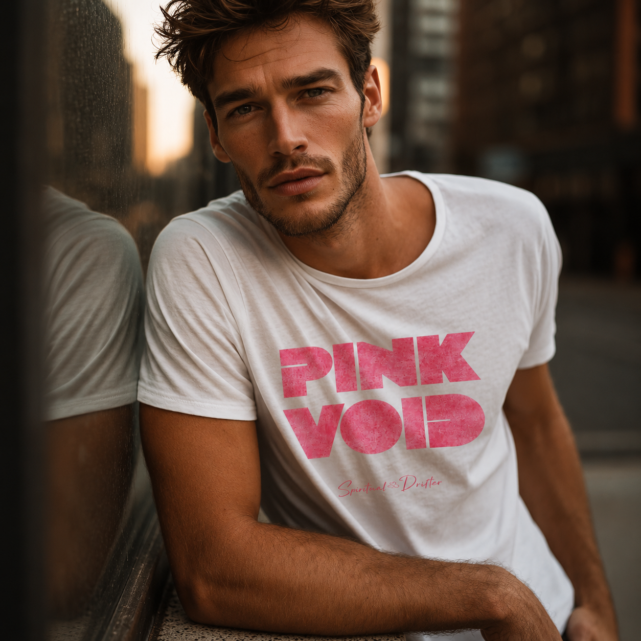 White t-shirt with pink 'PINK VOID' text worn by a person indoors. Man wearing Spiritual organic t-shirt. Spiritual lifestyle infinite void apparel, conscious aware living clothing.