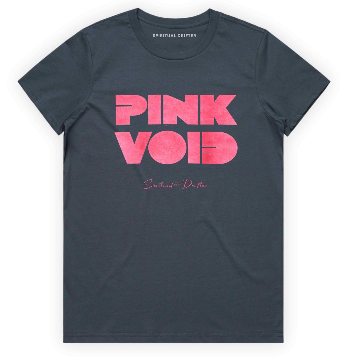 Spiritual Drifter Petrol Blue t-shirt with "Pink Void" graphic on a white background