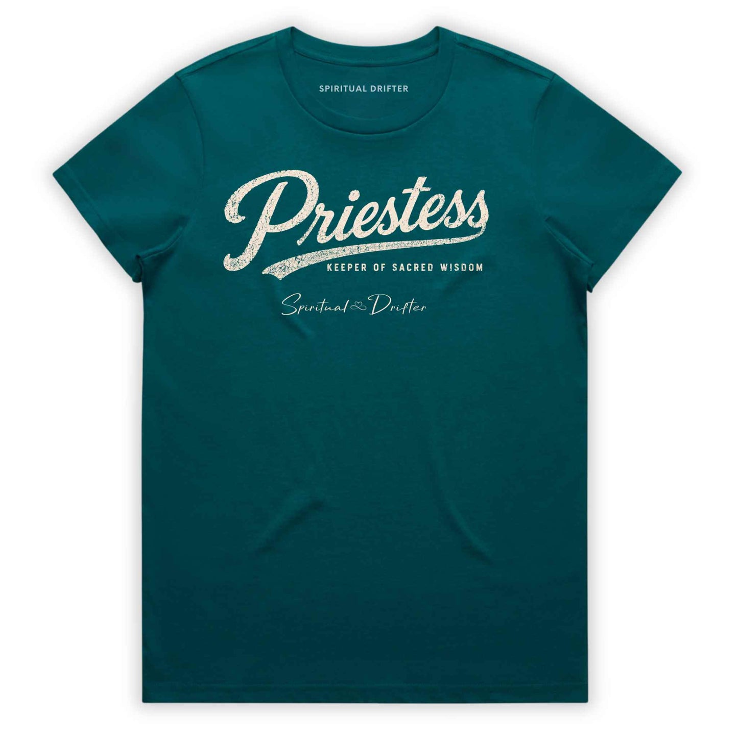 Teal Blue Spiritual Drifter “Priestess keeper of wisdom” graphic 100% cotton t-shirt. Spiritual lifestyle, positive vibes, aligned, positive mindset, conscious living & yoga clothing. Spiritual apparel inspired by modern mysticism, meditation, manifestation, sacred medicine and conscious living. Yoga and meditation clothing for awakened souls.