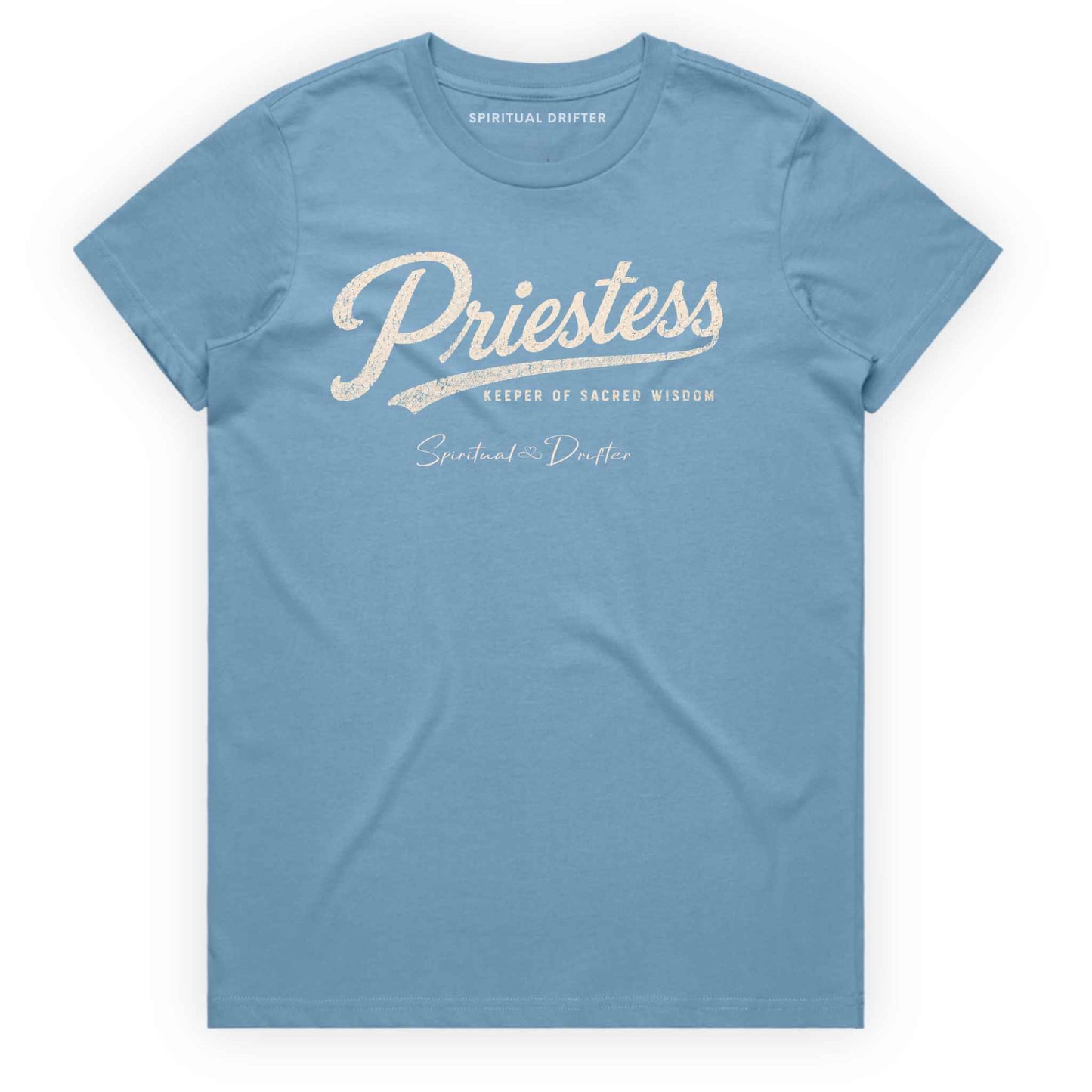 Light Carolina Blue Spiritual Drifter “Priestess keeper of wisdom” graphic 100% cotton t-shirt. Spiritual lifestyle, positive vibes, aligned, positive mindset, conscious living & yoga clothing. Spiritual apparel inspired by modern mysticism, meditation, manifestation, sacred medicine and conscious living. Yoga and meditation clothing for awakened souls.