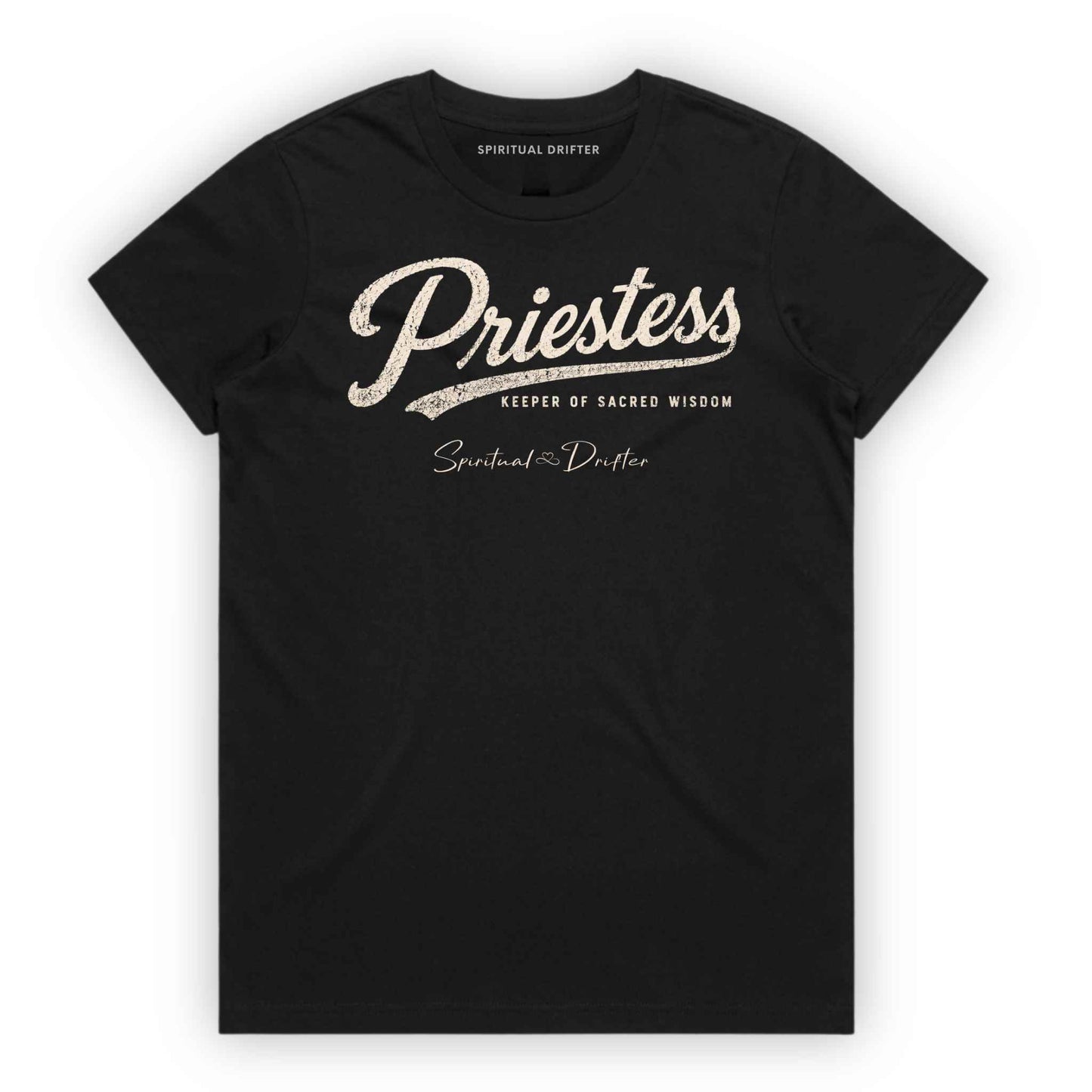Black Spiritual Drifter “Priestess keeper of wisdom” graphic 100% cotton t-shirt. Spiritual lifestyle, positive vibes, aligned, positive mindset, conscious living & yoga clothing. Spiritual apparel inspired by modern mysticism, meditation, manifestation, sacred medicine and conscious living. Yoga and meditation clothing for awakened souls.