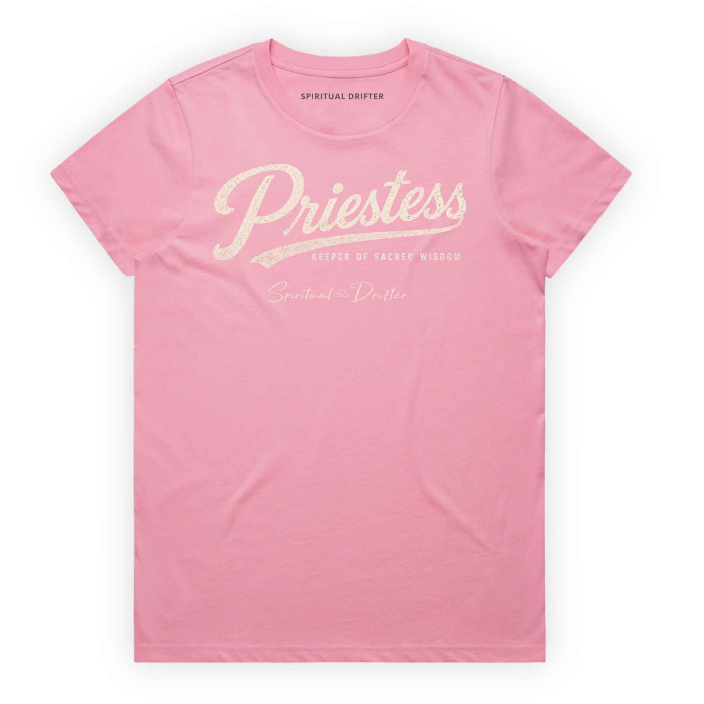 Bubblegum Pink Spiritual Drifter “Priestess keeper of wisdom” graphic 100% cotton t-shirt. Spiritual lifestyle, positive vibes, aligned, positive mindset, conscious living & yoga clothing. Spiritual apparel inspired by modern mysticism, meditation, manifestation, sacred medicine and conscious living. Yoga and meditation clothing for awakened souls.