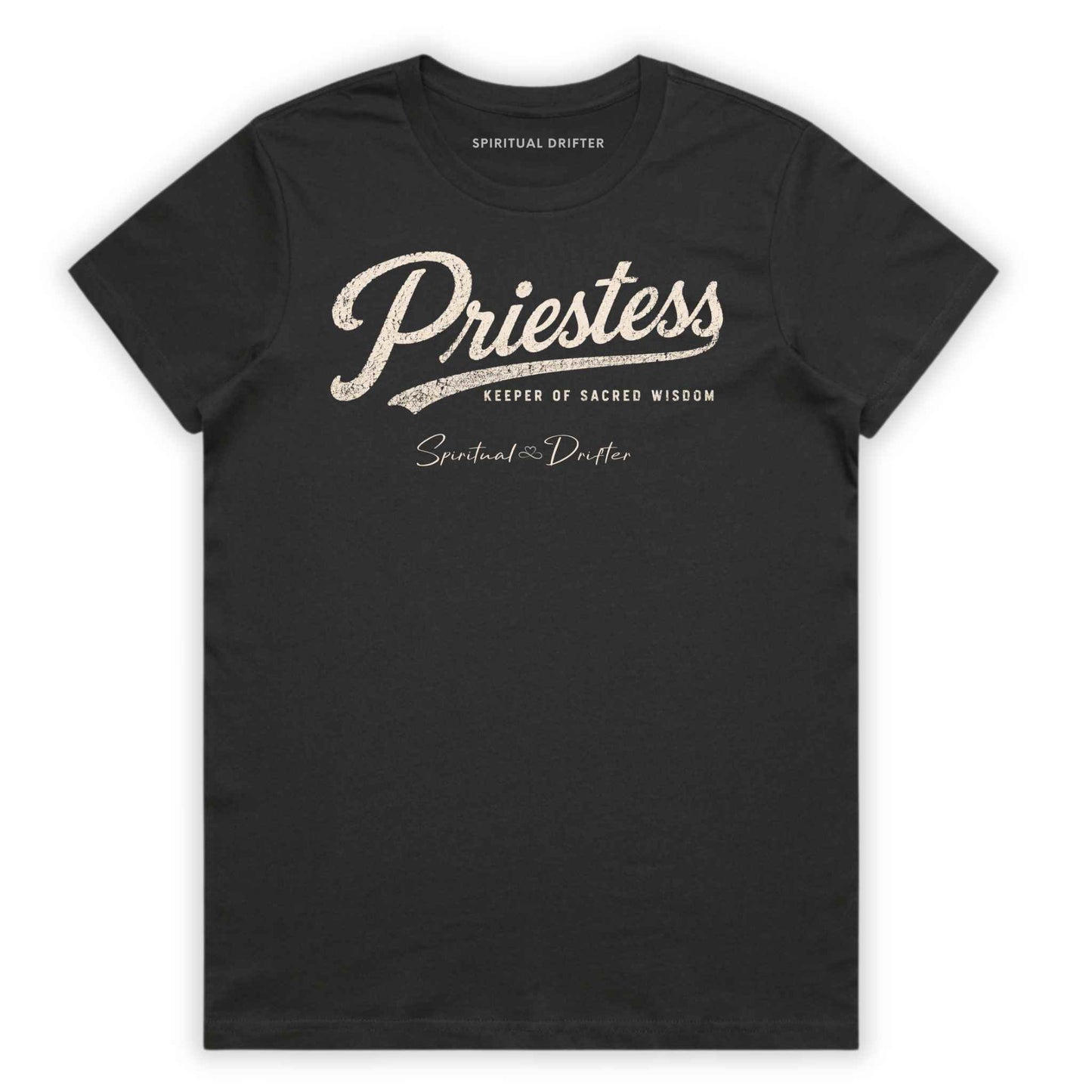 Charcoal Gray Spiritual Drifter “Priestess keeper of wisdom” graphic 100% cotton t-shirt. Spiritual lifestyle, positive vibes, aligned, positive mindset, conscious living & yoga clothing. Spiritual apparel inspired by modern mysticism, meditation, manifestation, sacred medicine and conscious living. Yoga and meditation clothing for awakened souls.
