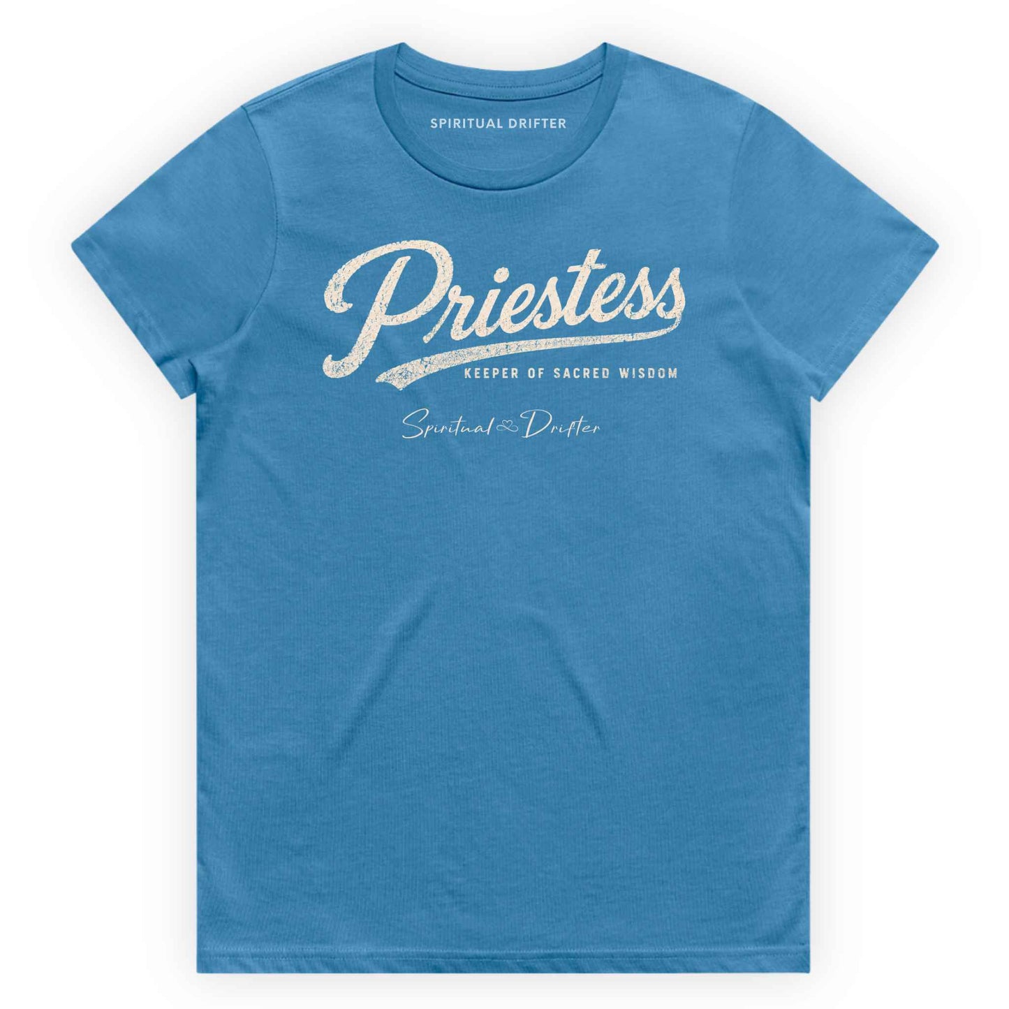 Hydro Blue Spiritual Drifter “Priestess keeper of wisdom” graphic 100% cotton t-shirt. Spiritual lifestyle, positive vibes, aligned, positive mindset, conscious living & yoga clothing. Spiritual apparel inspired by modern mysticism, meditation, manifestation, sacred medicine and conscious living. Yoga and meditation clothing for awakened souls.