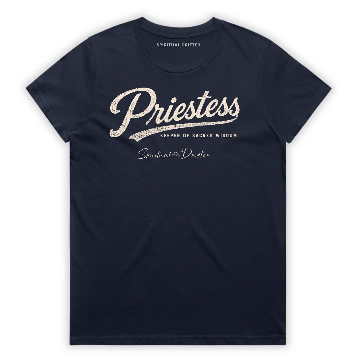 Midnight Blue Navy Spiritual Drifter “Priestess keeper of wisdom” graphic 100% cotton t-shirt. Spiritual lifestyle, positive vibes, aligned, positive mindset, conscious living & yoga clothing. Spiritual apparel inspired by modern mysticism, meditation, manifestation, sacred medicine and conscious living. Yoga and meditation clothing for awakened souls.