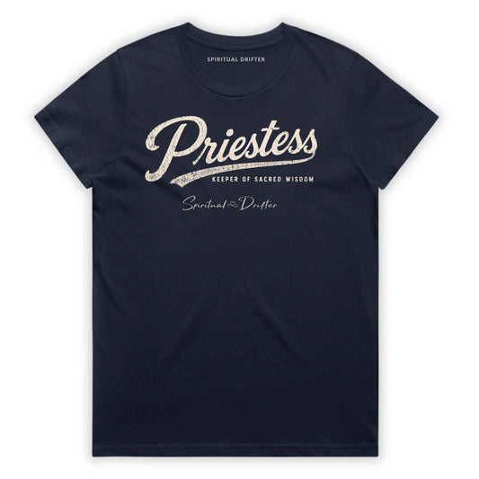 Midnight Blue Navy Spiritual Drifter “Priestess keeper of wisdom” graphic 100% cotton t-shirt. Spiritual lifestyle, positive vibes, aligned, positive mindset, conscious living & yoga clothing. Spiritual apparel inspired by modern mysticism, meditation, manifestation, sacred medicine and conscious living. Yoga and meditation clothing for awakened souls.