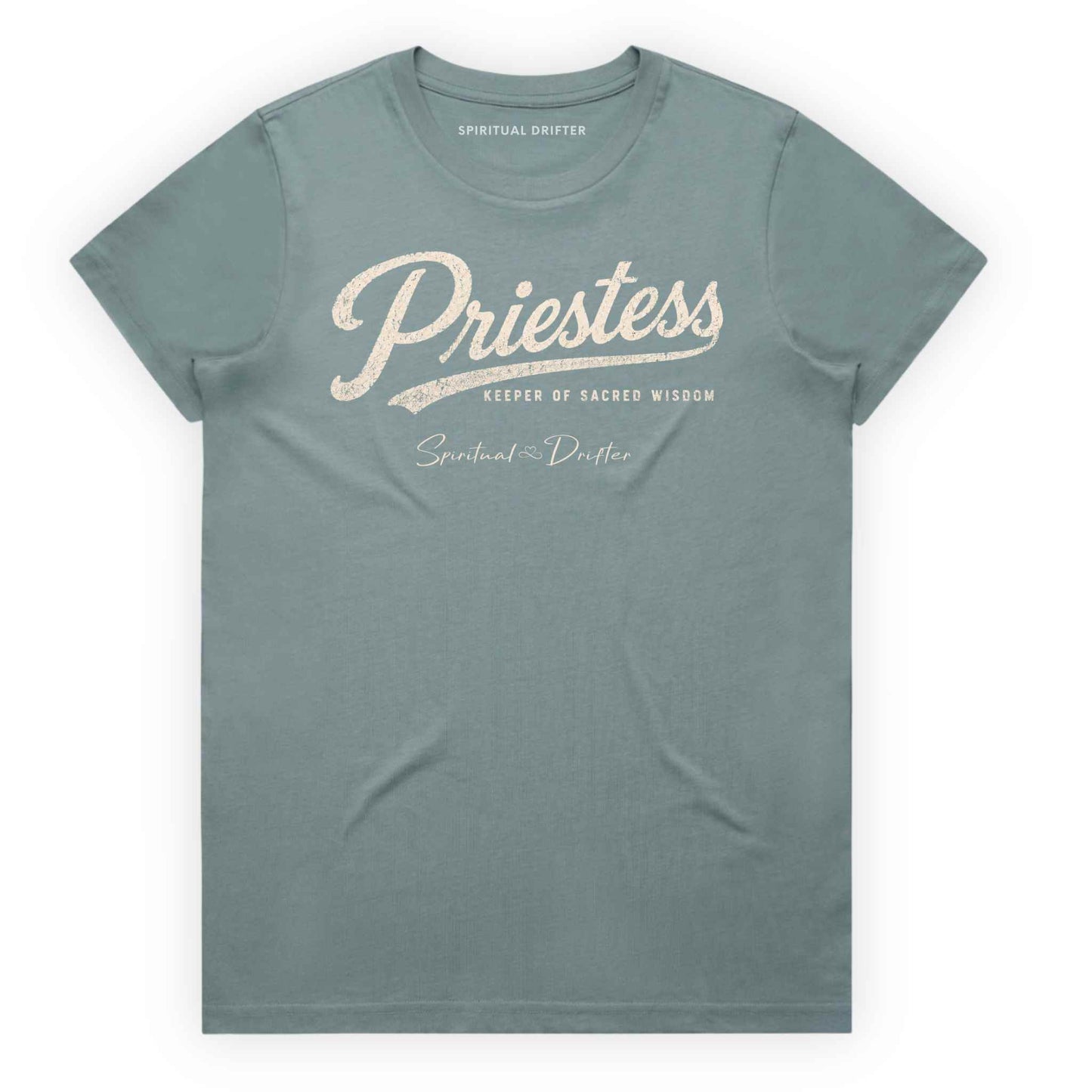 Mineral Blue Spiritual Drifter “Priestess keeper of wisdom” graphic 100% cotton t-shirt. Spiritual lifestyle, positive vibes, aligned, positive mindset, conscious living & yoga clothing. Spiritual apparel inspired by modern mysticism, meditation, manifestation, sacred medicine and conscious living. Yoga and meditation clothing for awakened souls.
