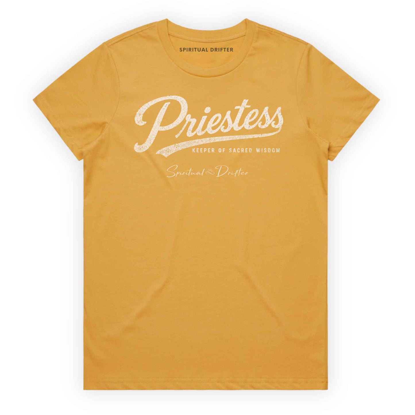 Mustard Yellow Spiritual Drifter “Priestess keeper of wisdom” graphic 100% cotton t-shirt. Spiritual lifestyle, positive vibes, aligned, positive mindset, conscious living & yoga clothing. Spiritual apparel inspired by modern mysticism, meditation, manifestation, sacred medicine and conscious living. Yoga and meditation clothing for awakened souls.